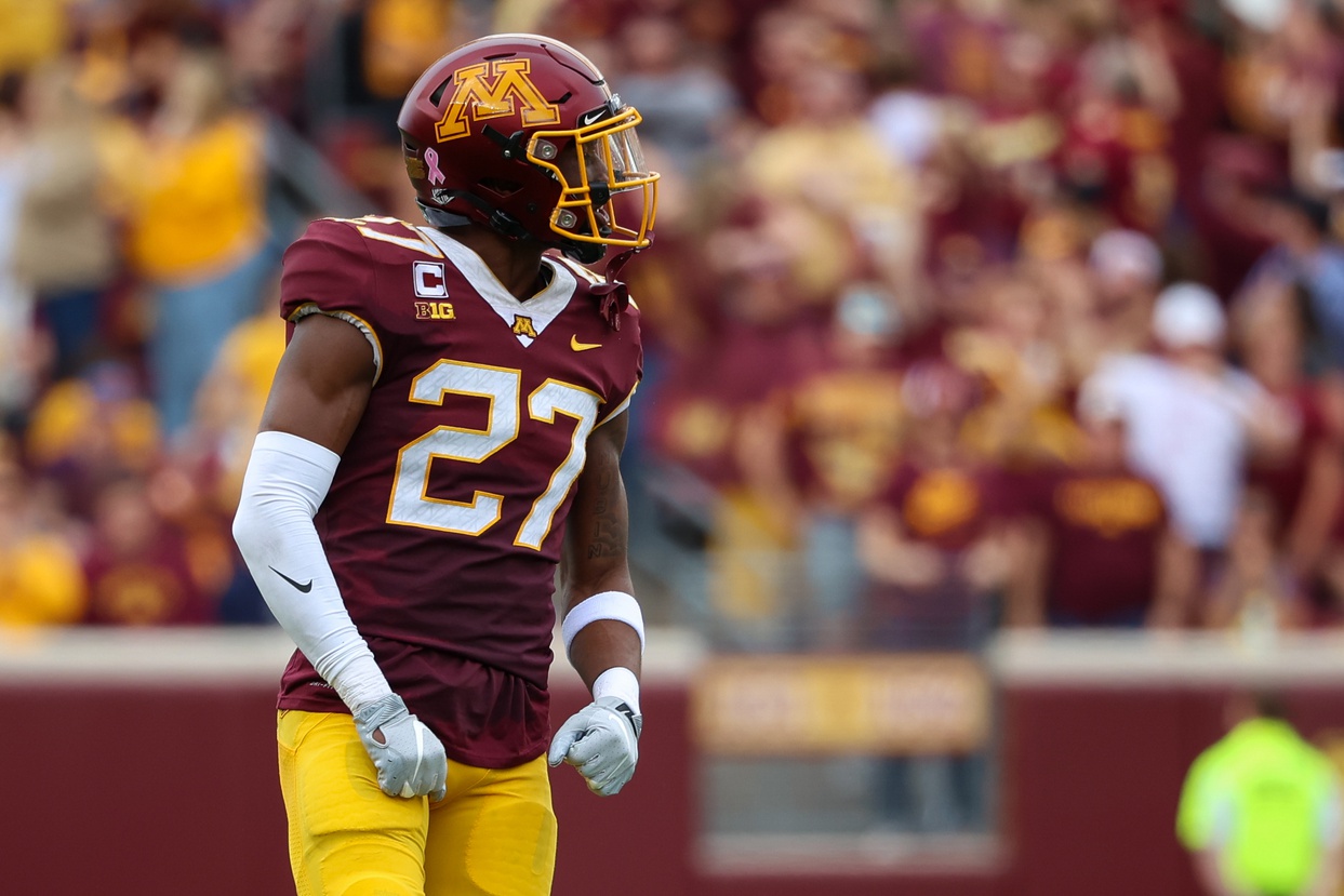 Minnesota Golden Gophers defensive back Tyler Nubin (27) reacts to a stop against the Purdue Boilermakers during the second quarter at Huntington Bank Stadium.