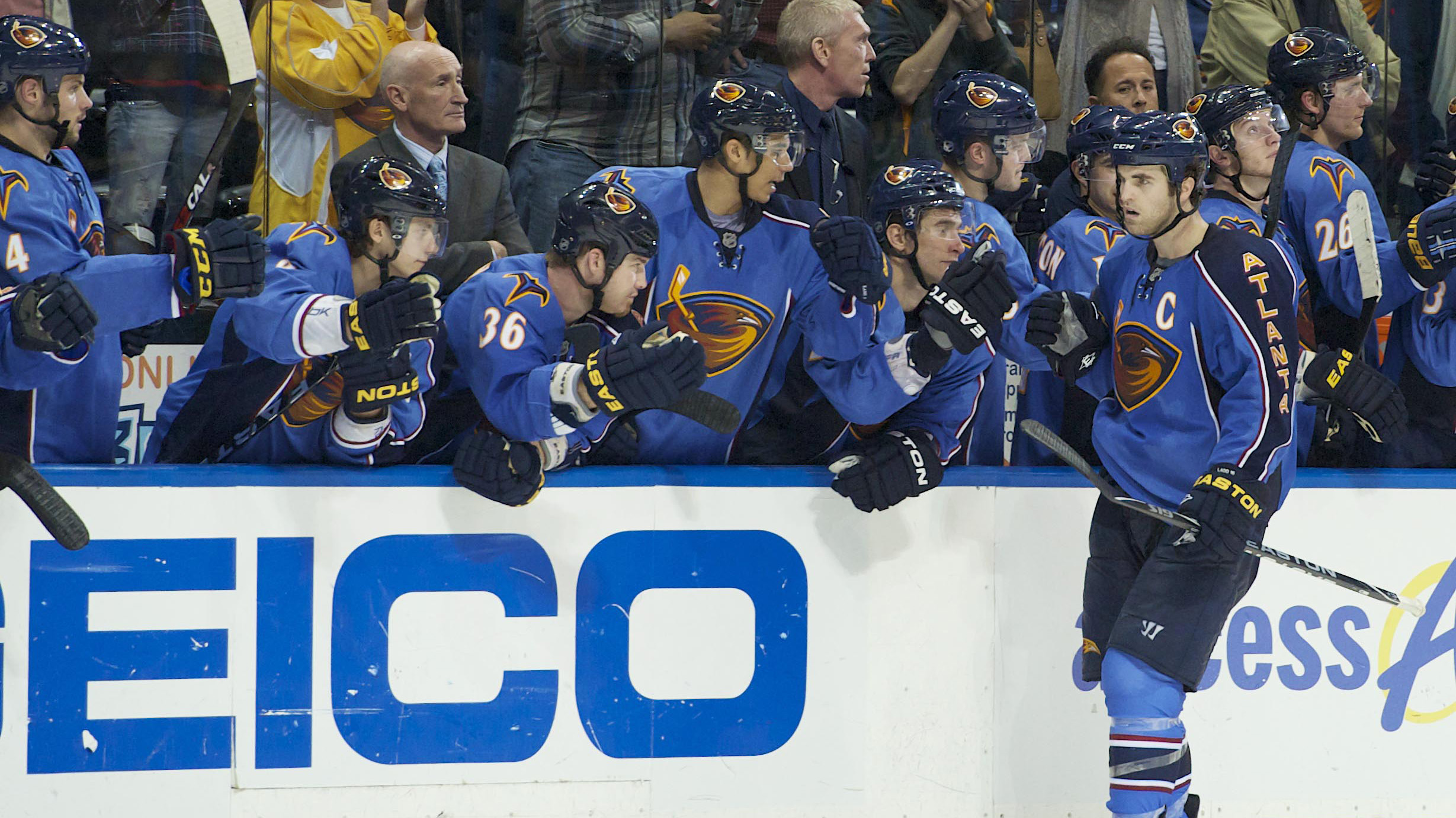 Atlanta Thrashers players celebrate after a goal