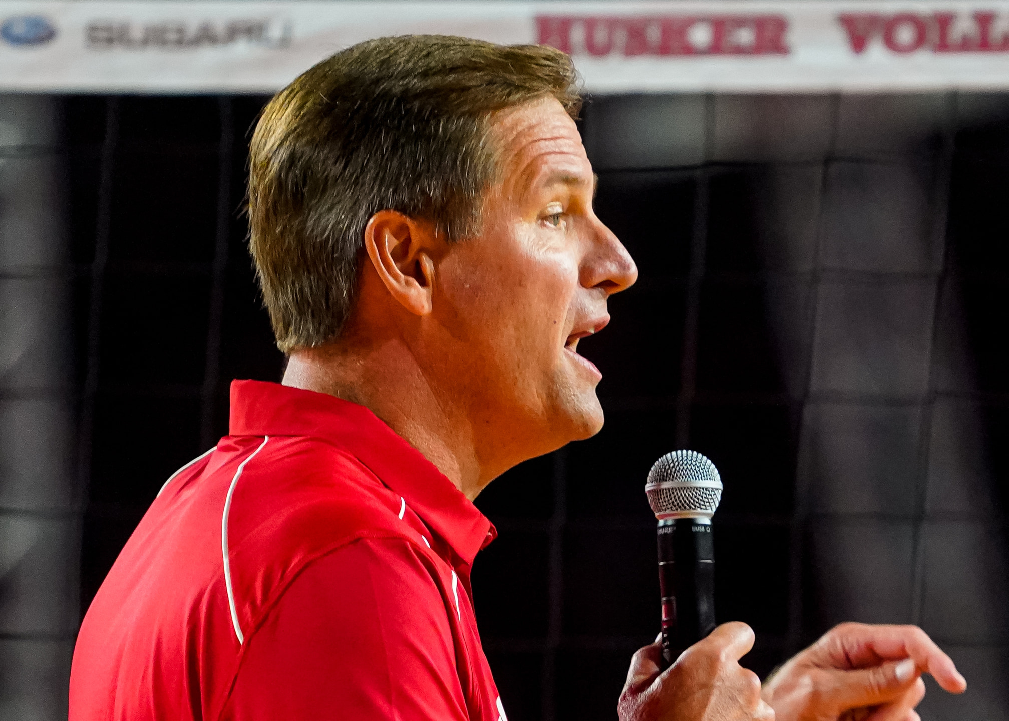 Aug 30, 2023; Lincoln, NE, USA; Nebraska Cornhuskers athletic director Trev Alberts speaks to the record-setting crowd after the Cornhuskers defeated the Omaha Mavericks in volleyball at Memorial Stadium.