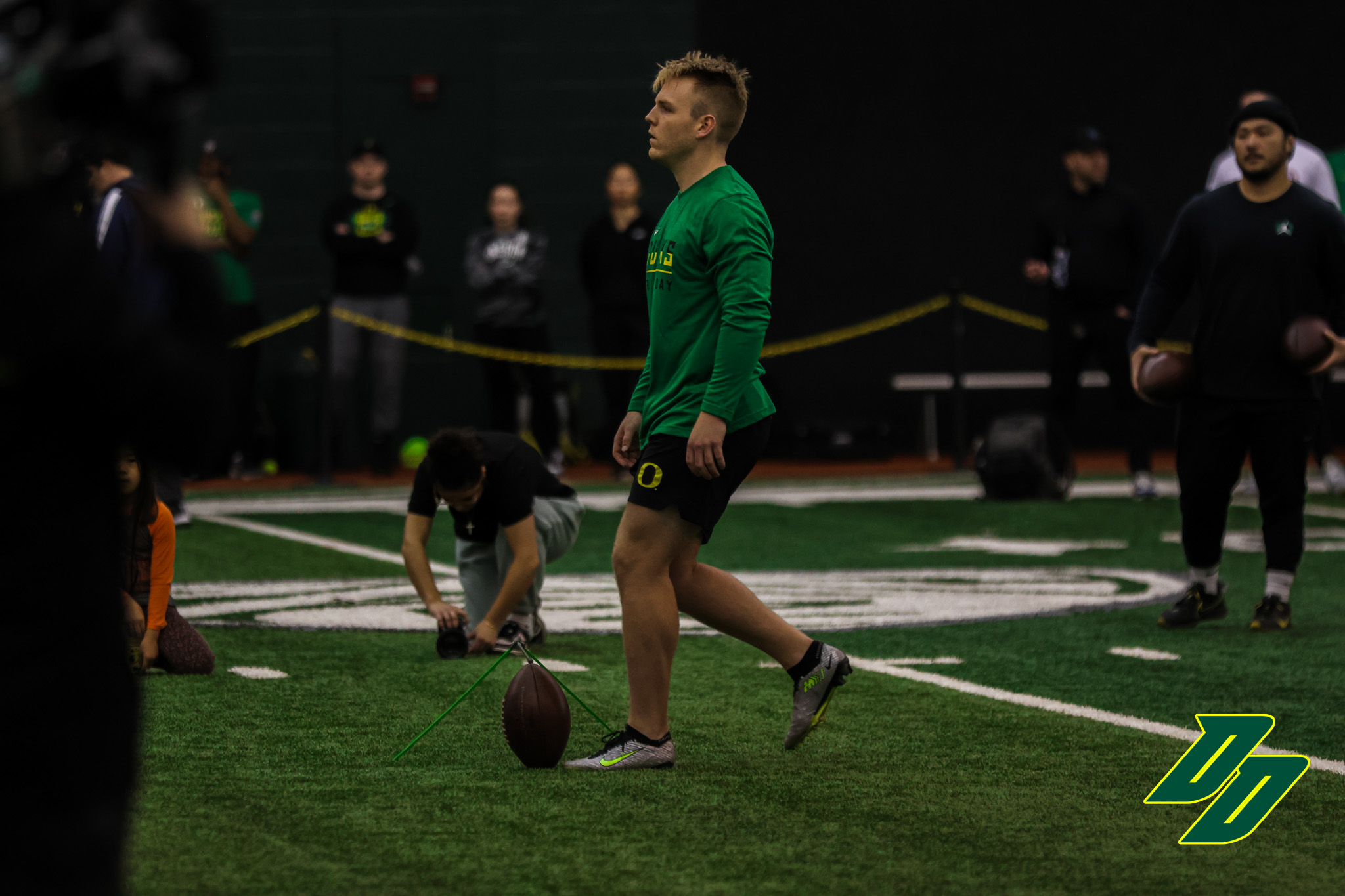 Camden Lewis lining up a kick at Oregon's 2024 Pro Day.