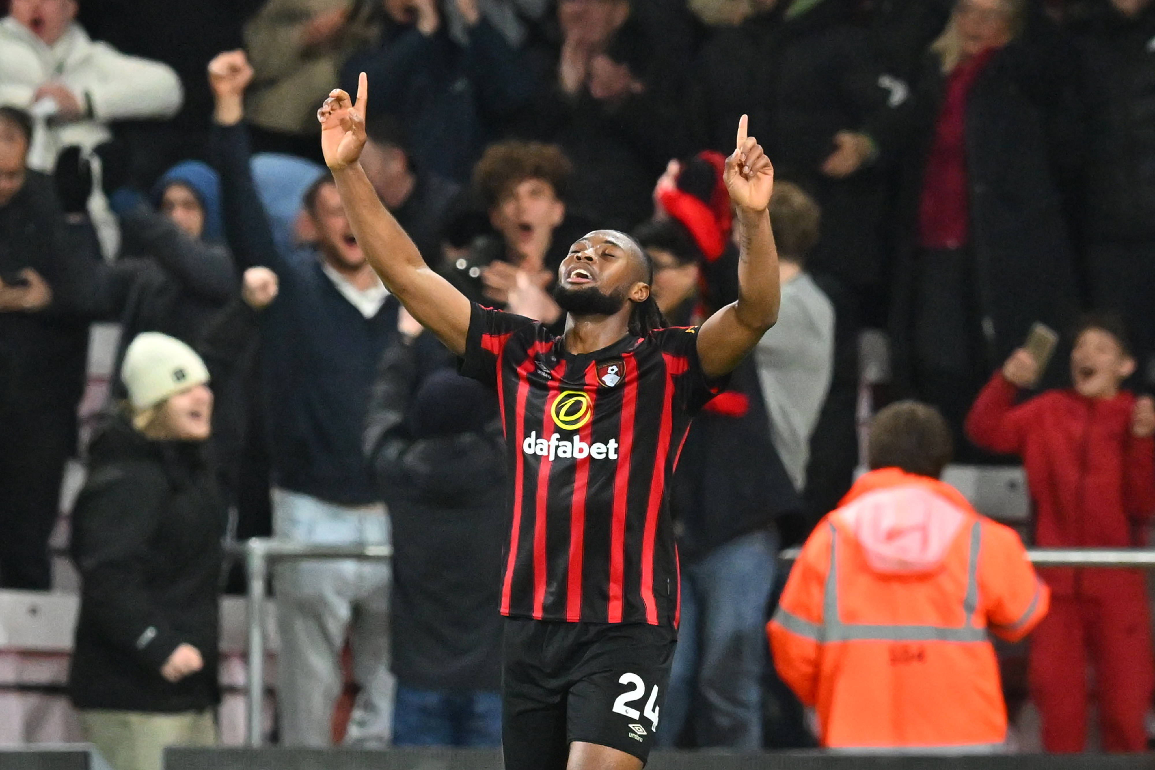 Antoine Semenyo pictured celebrating after scoring two goals for Bournemouth in a remarkable 4-3 win over Luton Town in March 2024