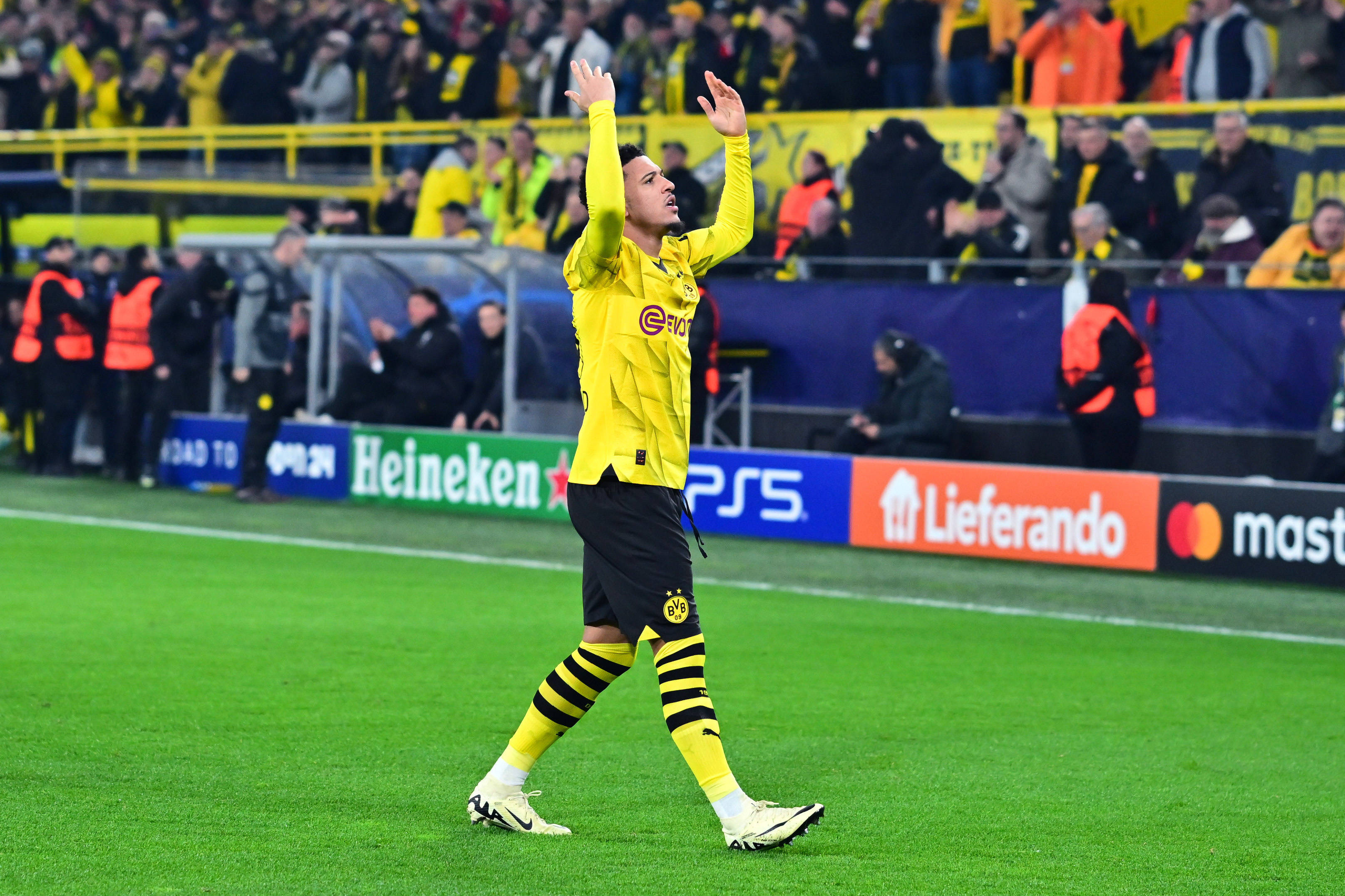 Jadon Sancho pictured celebrating after scoring a goal for Borussia Dortmund in a 2-0 win over PSV Eindhoven in the UEFA Champions League in March 2024