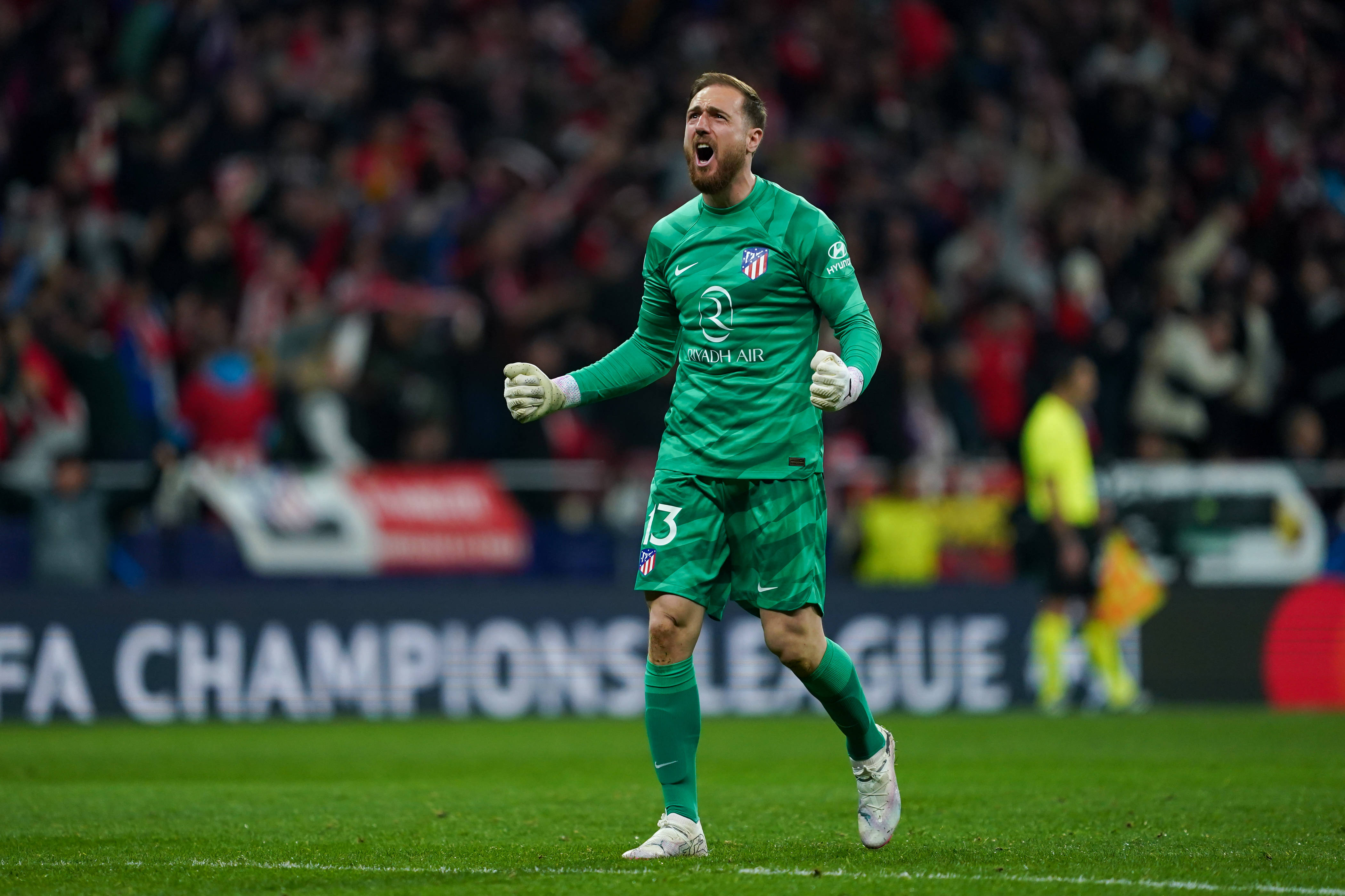 Goalkeeper Jan Oblak pictured celebrating during Atletico Madrid's victory over Inter Milan in the UEFA Champions League's round of 16 in March 2024