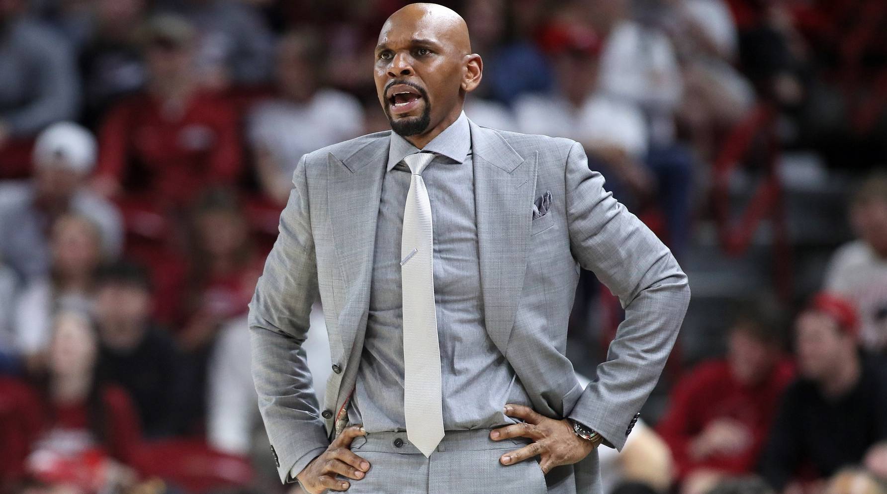 Vanderbilt head coach Jerry Stackhouse looks on while coaching in a game.