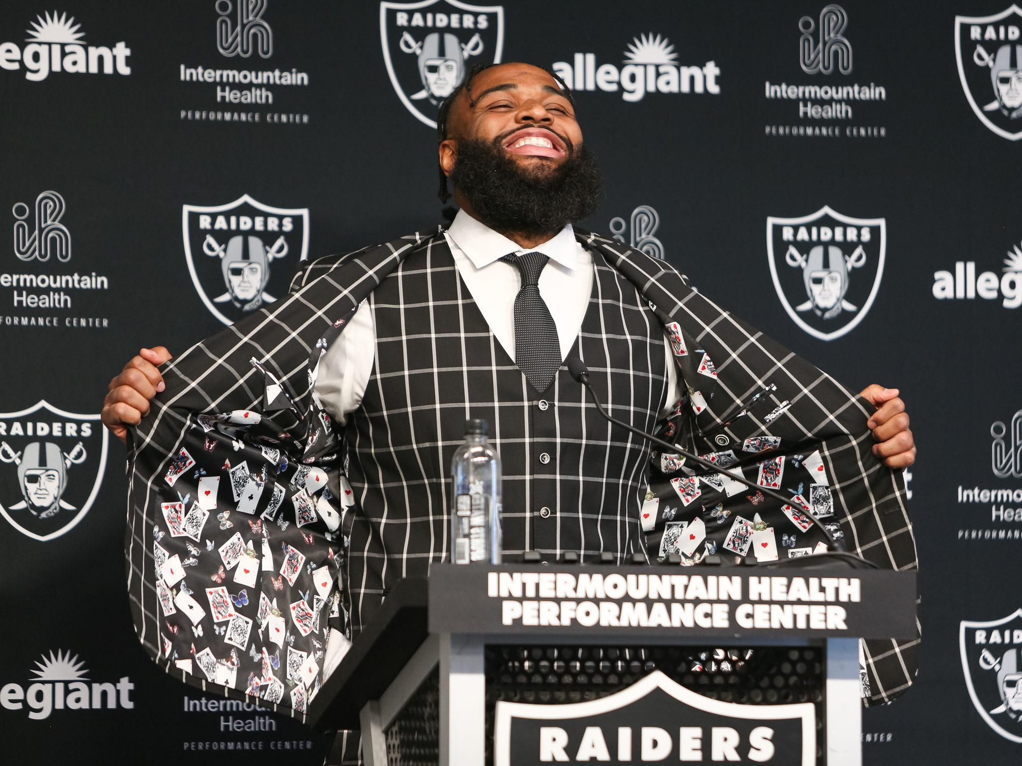 New Las Vegas Raiders DT Christian Wilkins was all smiles at his press conference but terrorizes NFL offenses on the field.