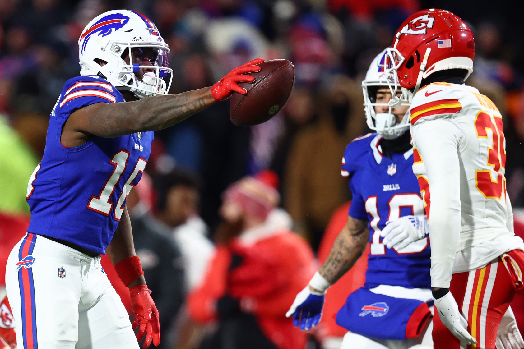 Jan 21, 2024; Orchard Park, New York, USA; Buffalo Bills wide receiver Trent Sherfield (16) reacts after a catch against the Kansas City Chiefs during the second half for the 2024 AFC divisional round game at Highmark Stadium.