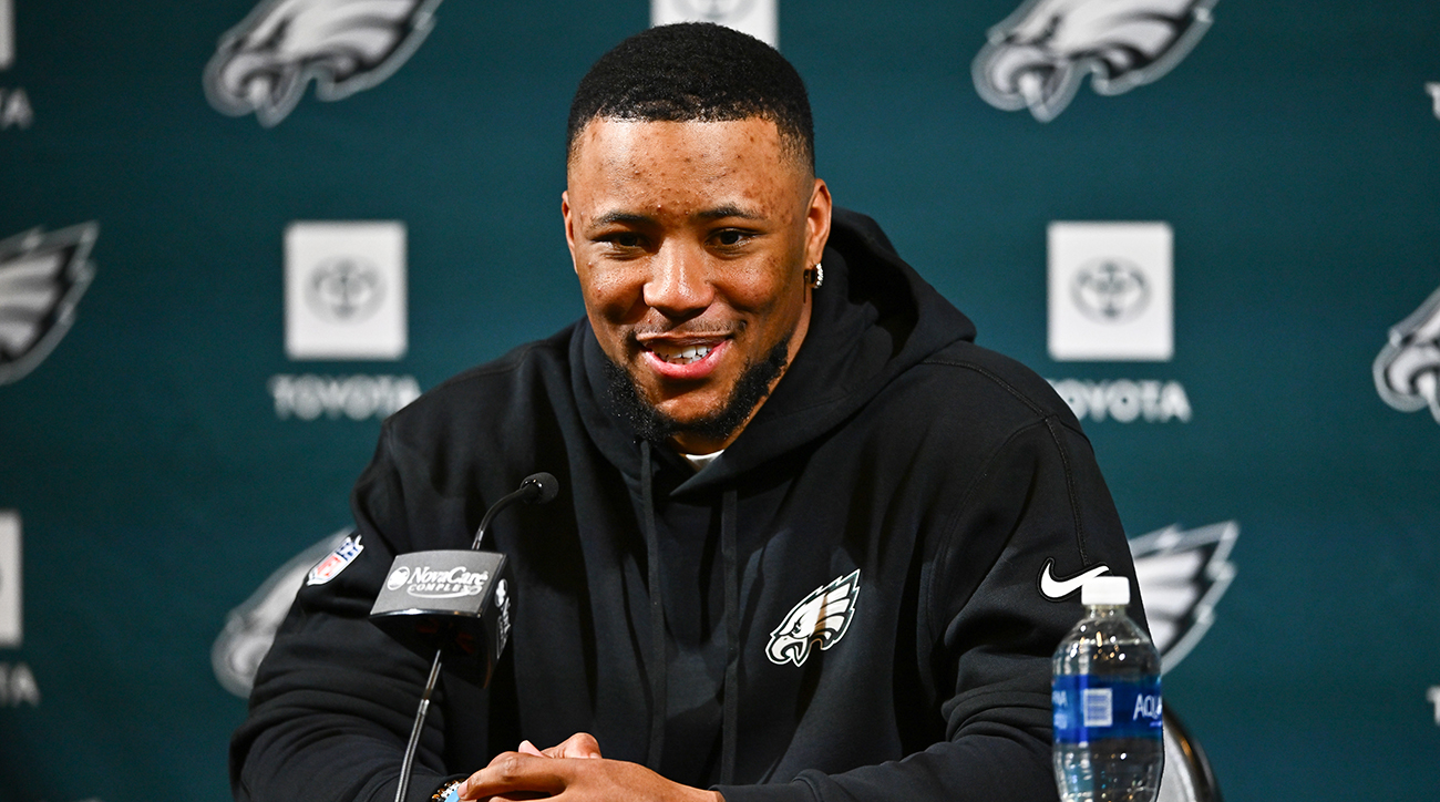Philadelphia Eagles running back Saquon Barkley during his introductory press conference.