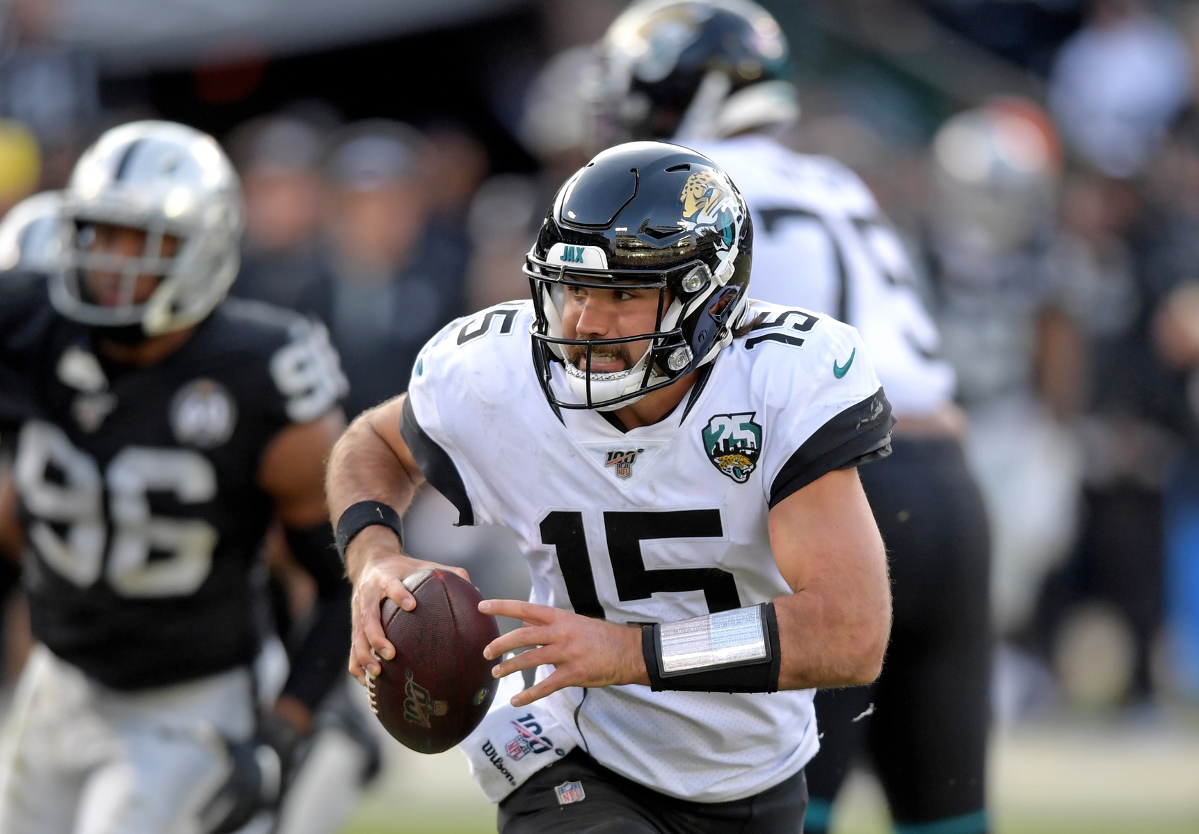 New Las Vegas Raiders quarterback Gardner Minshew (15) and the Jacksonville Jaguars defeated the Raiders, 20-16, in their final game at the Oakland Coliseum in 2019.