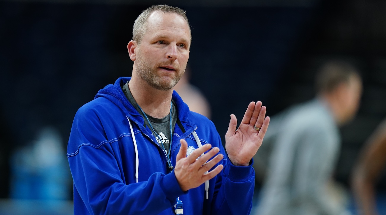 Drake Bulldogs head coach Darian DeVries on the court during first round practice at MVP Arena in Albany, New York, on March 16, 2023.