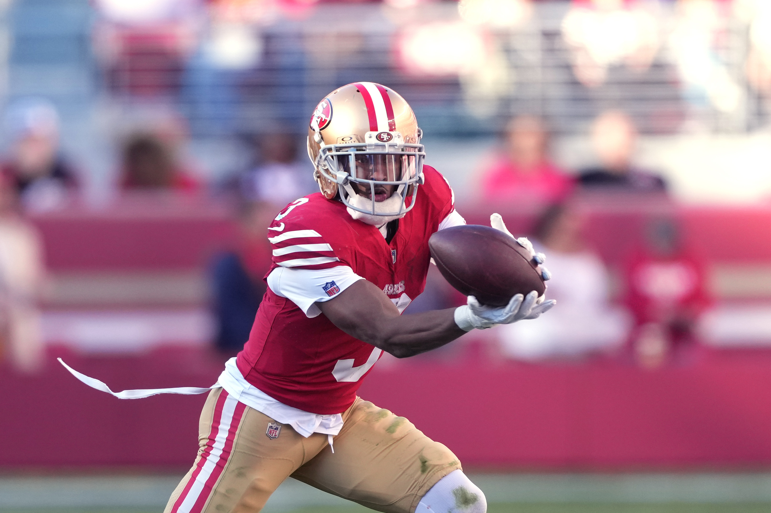 Jan 7, 2024; Santa Clara, California, USA; San Francisco 49ers wide receiver Ray-Ray McCloud III (3) catches a pass against the Los Angeles Rams during the second quarter at Levi's Stadium.