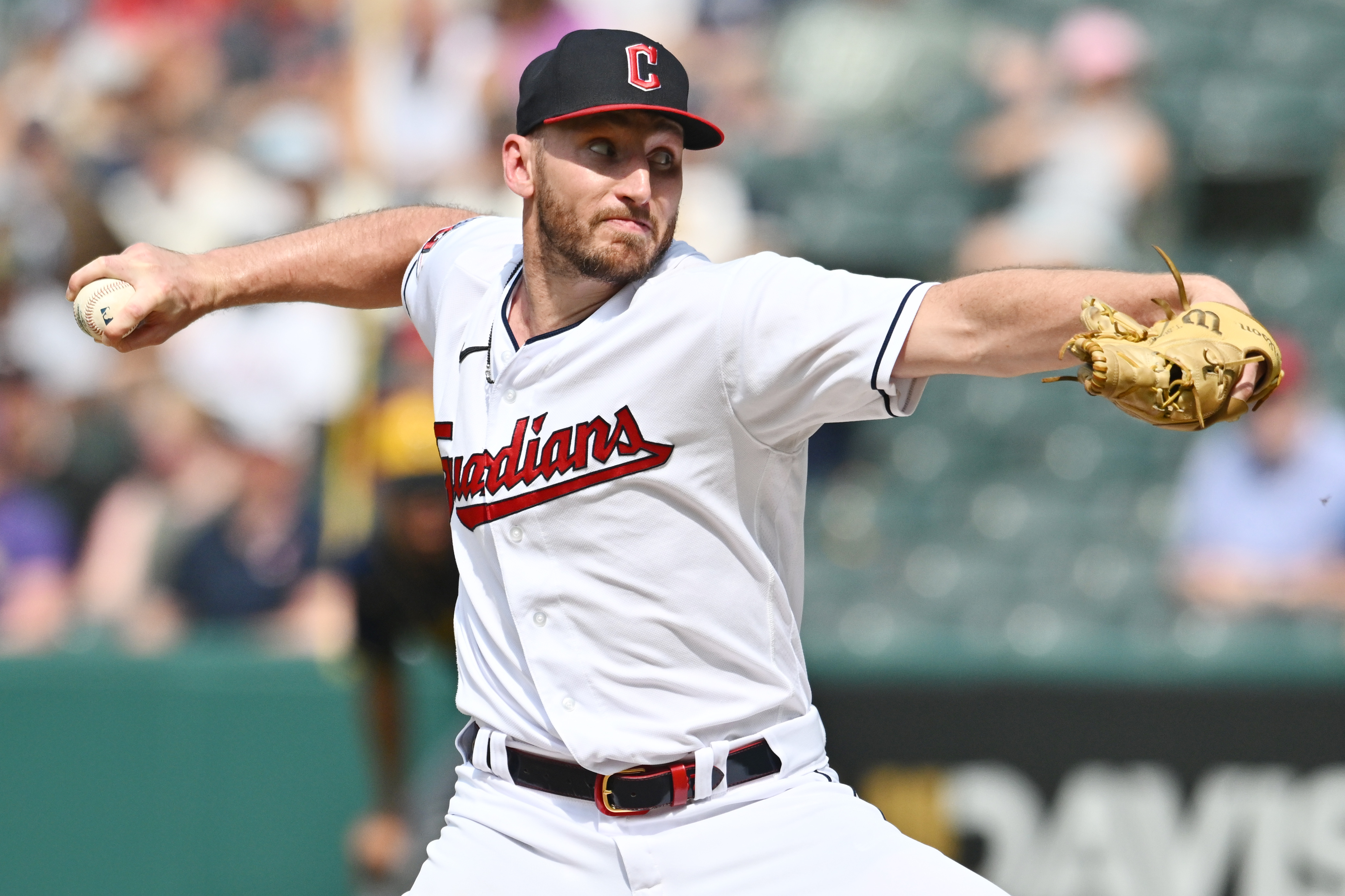 Jun 25, 2023; Cleveland, Ohio, USA; Cleveland Guardians relief pitcher Trevor Stephan (37) throws a pitch during the tenth inning against the Milwaukee Brewers at Progressive Field.