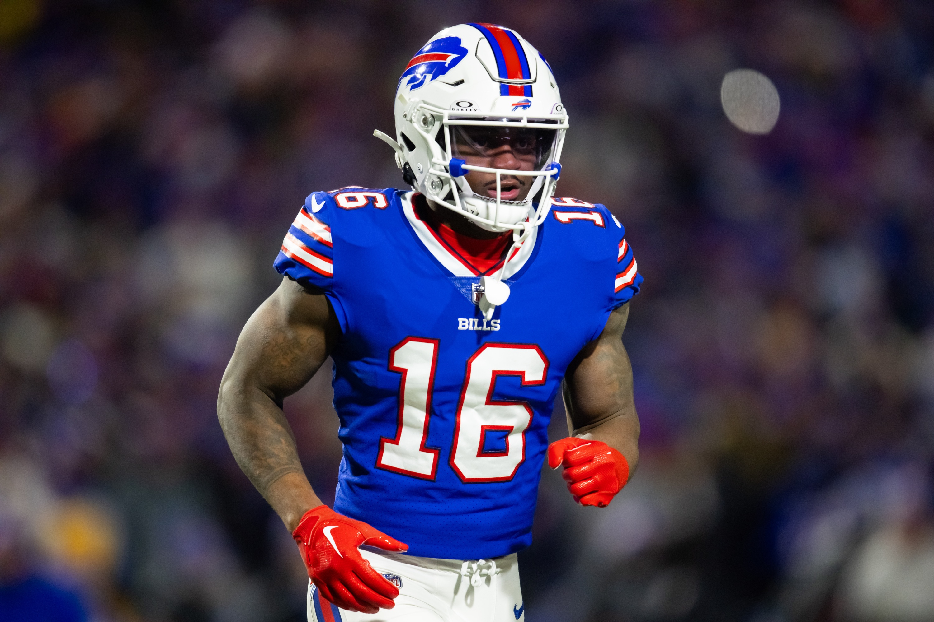 Jan 21, 2024; Orchard Park, New York, USA; Buffalo Bills wide receiver Trent Sherfield (16) against the Kansas City Chiefs in the 2024 AFC divisional round game at Highmark Stadium.