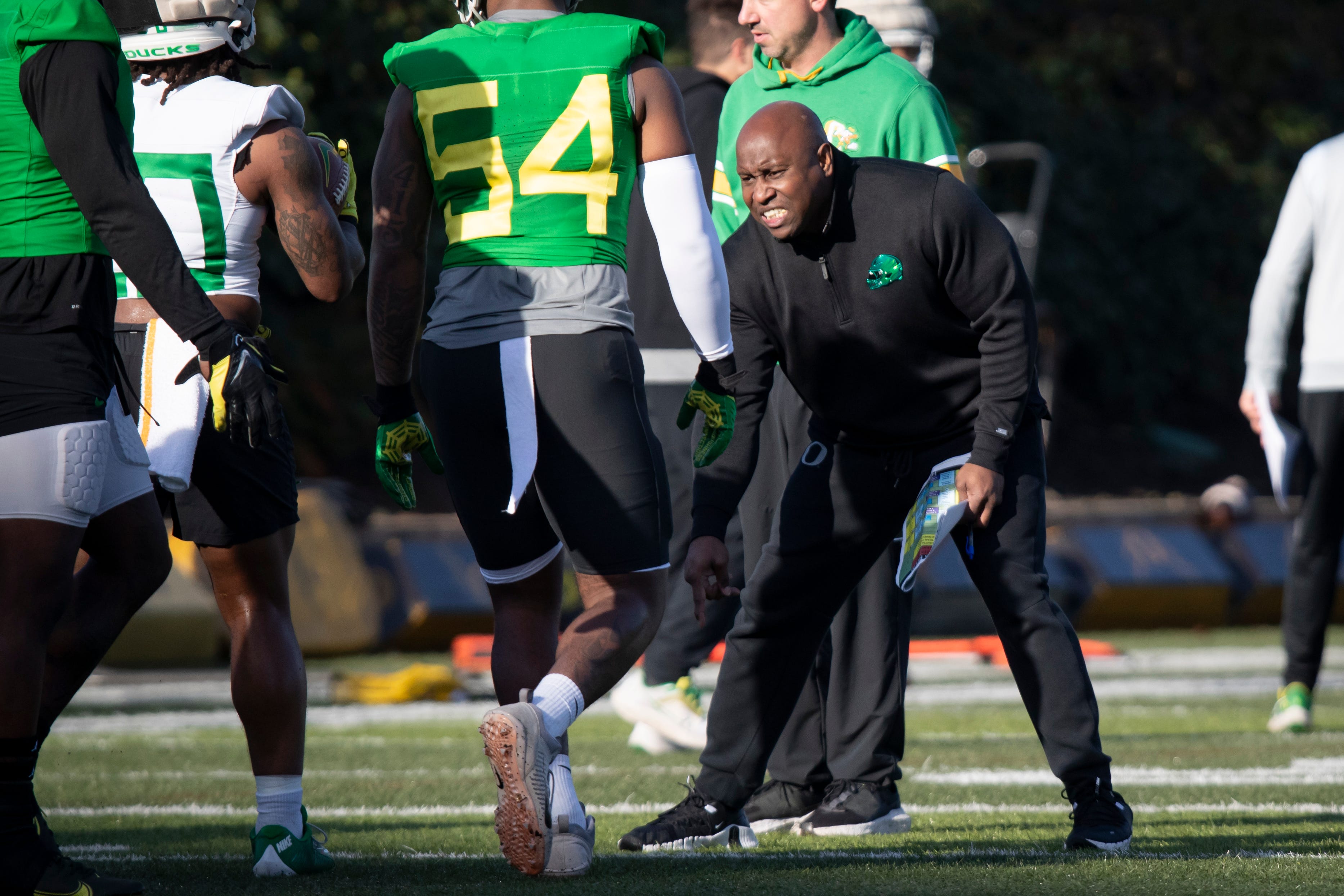 Running backs coach Carlos Locklyn during Oregon's first spring practice of 2024.