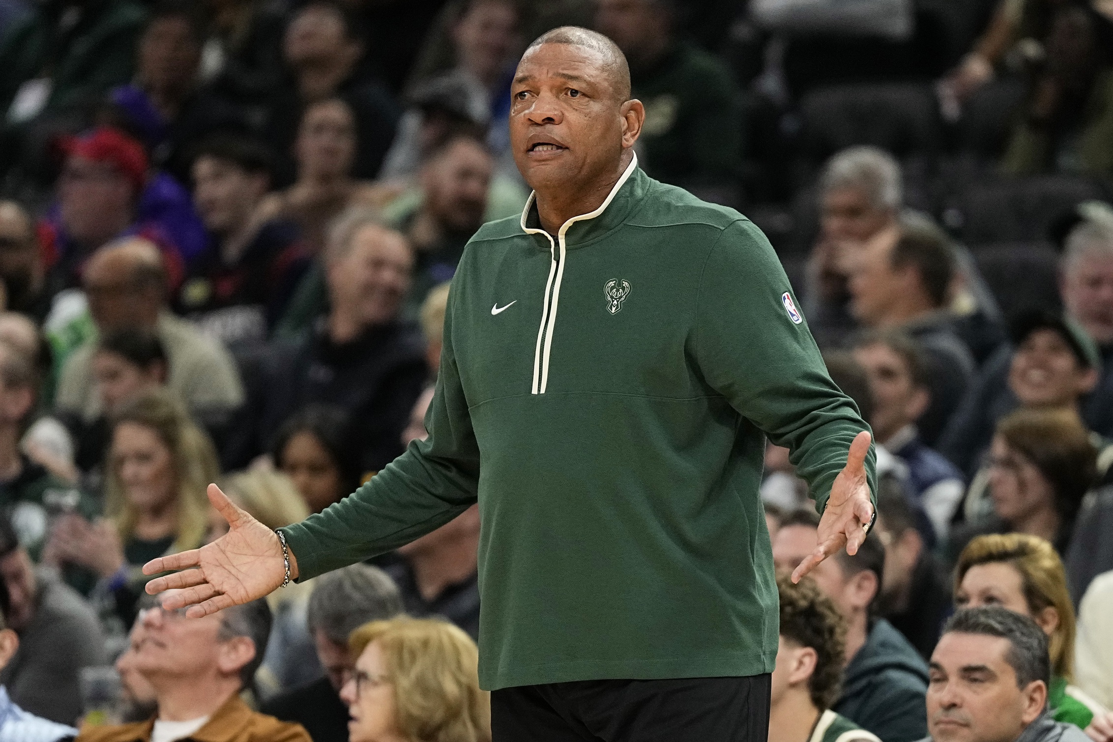 Milwaukee Bucks head coach Doc Rivers reacts to a call during the first quarter against the Philadelphia 76ers