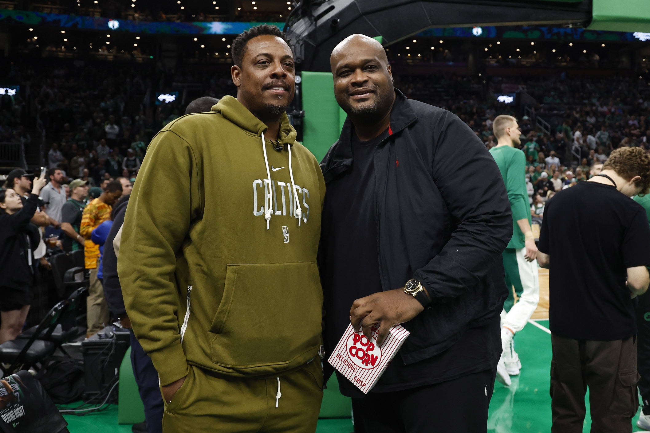 Former Boston Celtics great Paul Pierce (left) and Antoine Walker before the game between the Boston Celtics and the Miami Heat at TD Garden. 