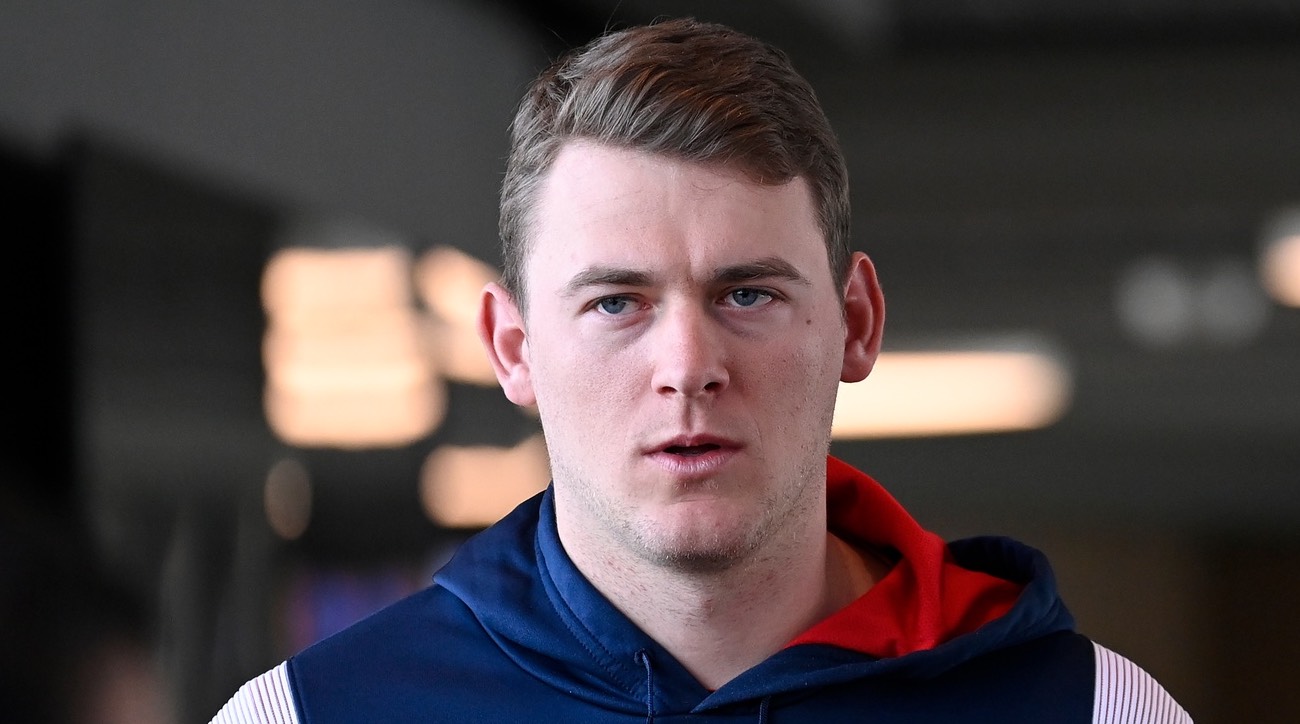 Jan 17, 2024; Foxborough, MA, USA; New England Patriots quarterback Mac Jones (10) arrives to a press conference held at Gillette Stadium to announce the team's hiring of new head coach Jerod Mayo (not pictured).
