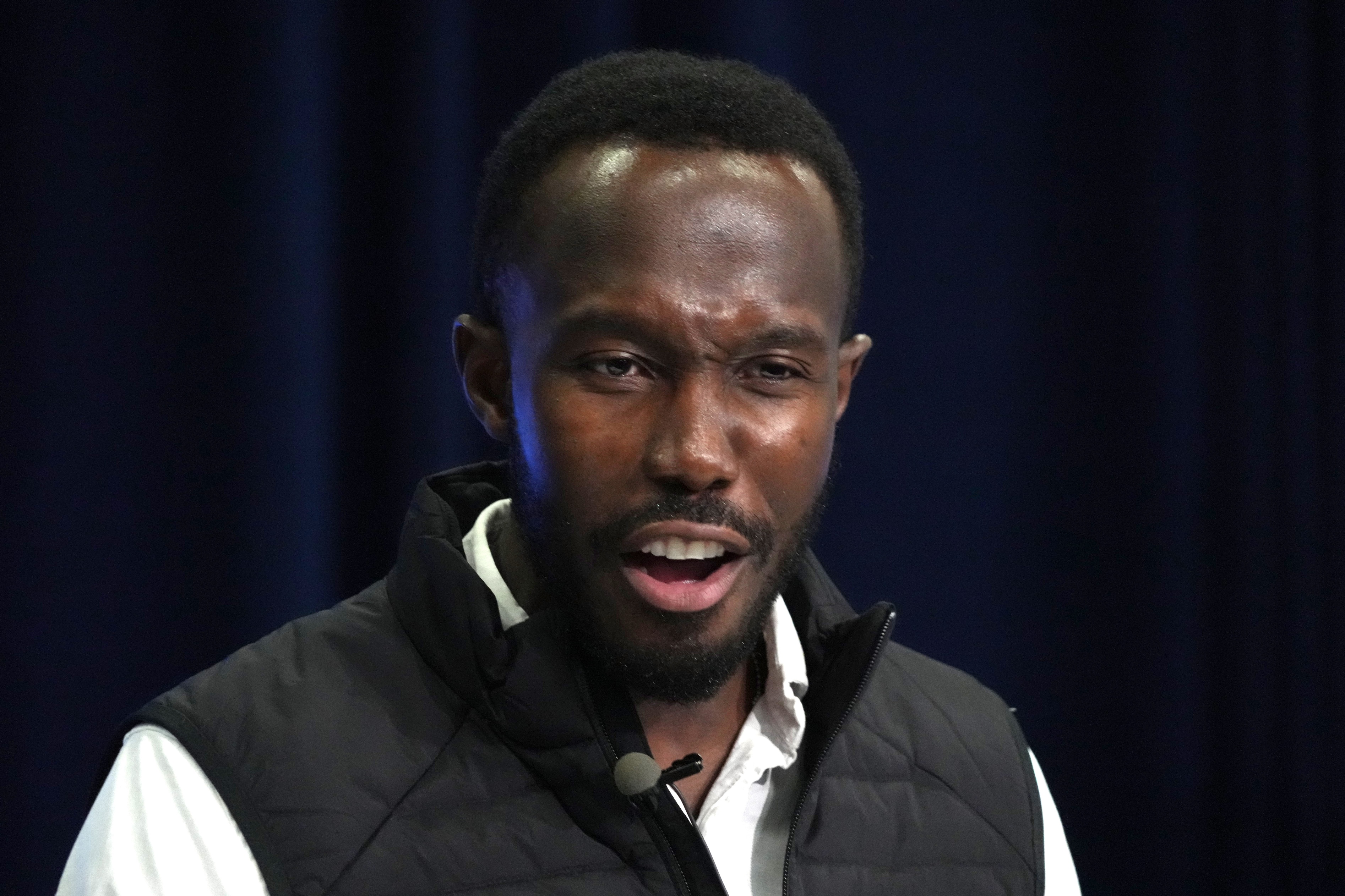 Feb 27, 2024; Indianapolis, IN, USA; Minnesota Vikings general manager Kwesi Adofo-Mensah speaks during a press conference at the NFL Scouting Combine at Indiana Convention Center.