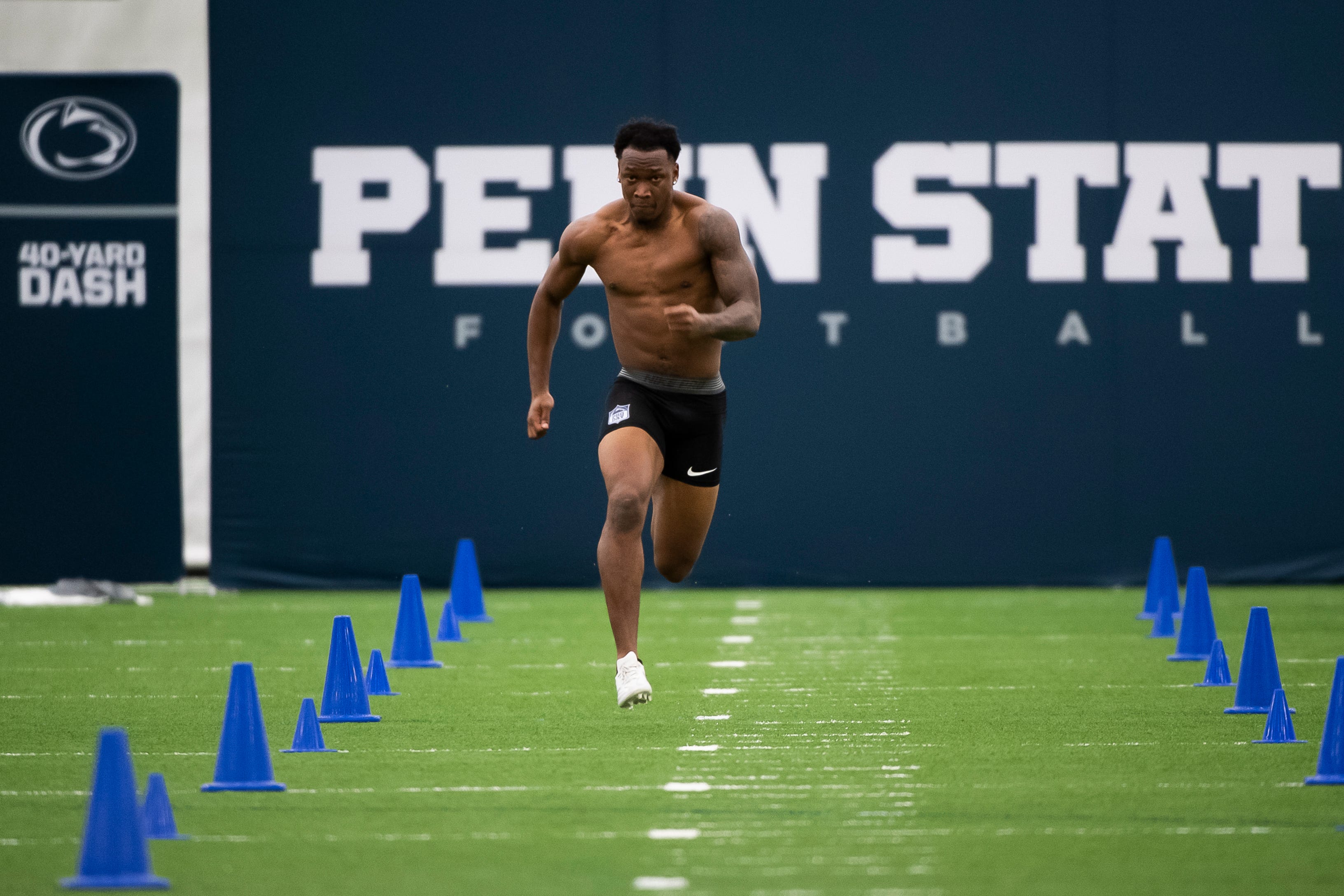 Penn State cornerback Kalen King runs the 40-yard dash during Penn State Pro Day at Holuba Hall in State College.