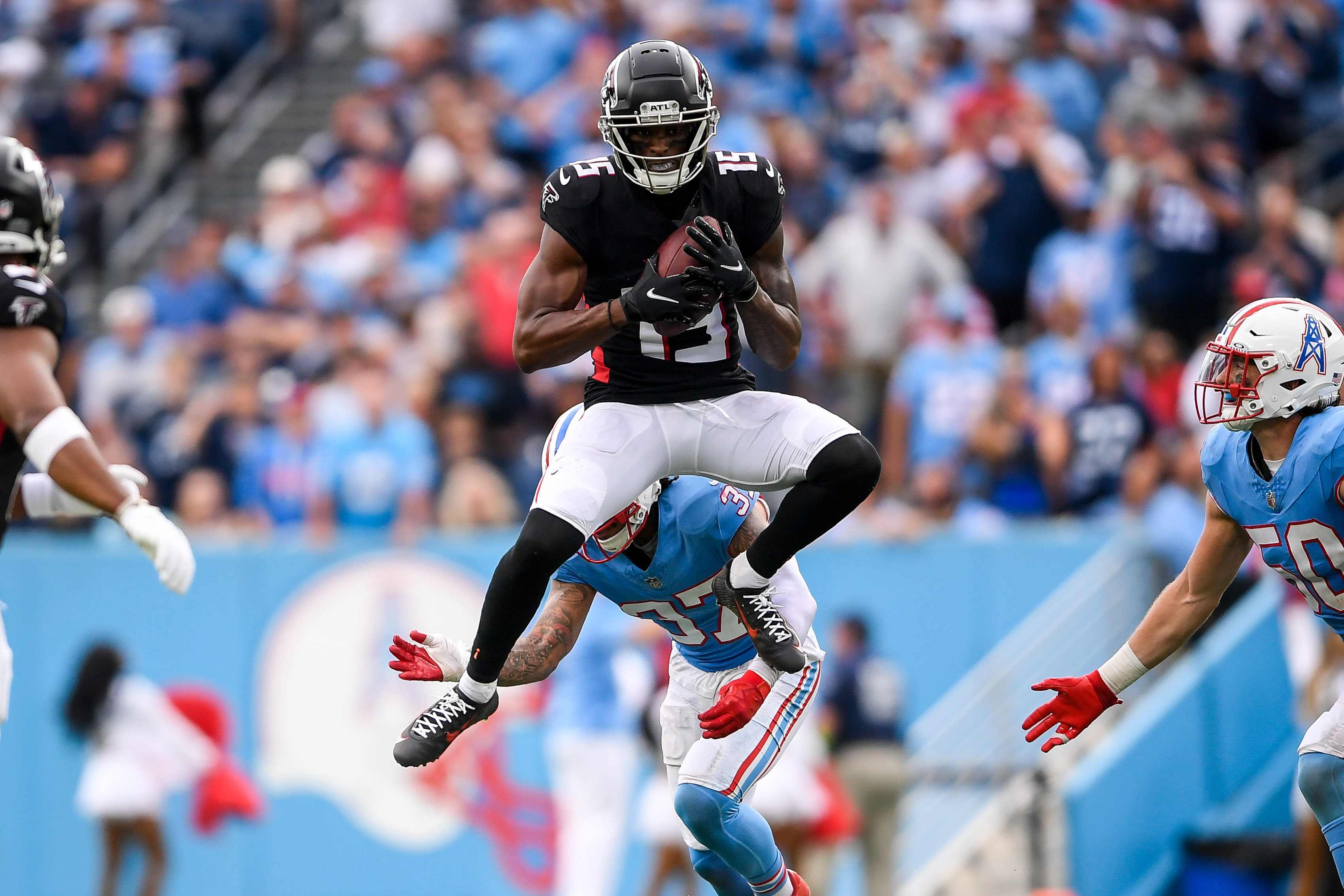 Oct 29, 2023; Nashville, Tennessee, USA; Atlanta Falcons wide receiver Van Jefferson (15) against the Tennessee Titans during the second at Nissan Stadium. 