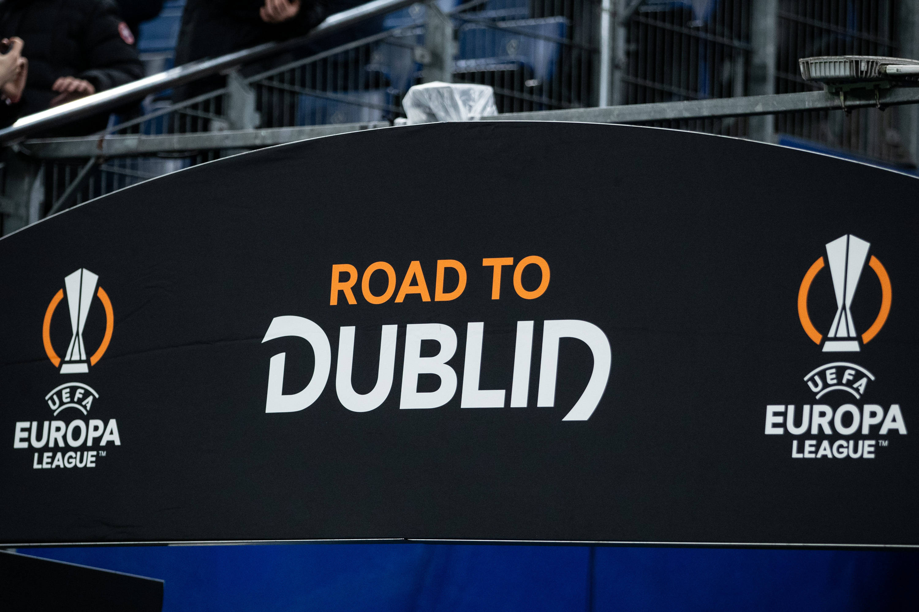 A UEFA Europa League sign reading "ROAD TO DUBLIN" pictured at a game between Shakhtar Donetsk and Olympique Marseille in February 2024