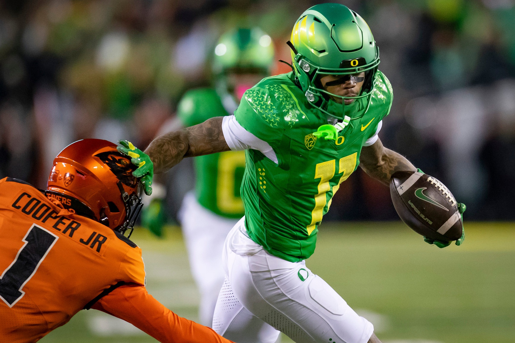 Oregon wide receiver Troy Franklin runs for a touchdown after a catch as the No. 6 Oregon Ducks take on the No. 16 Oregon State Beavers Friday, Nov. 24, 2023, at Autzen Stadium in Eugene, Ore.