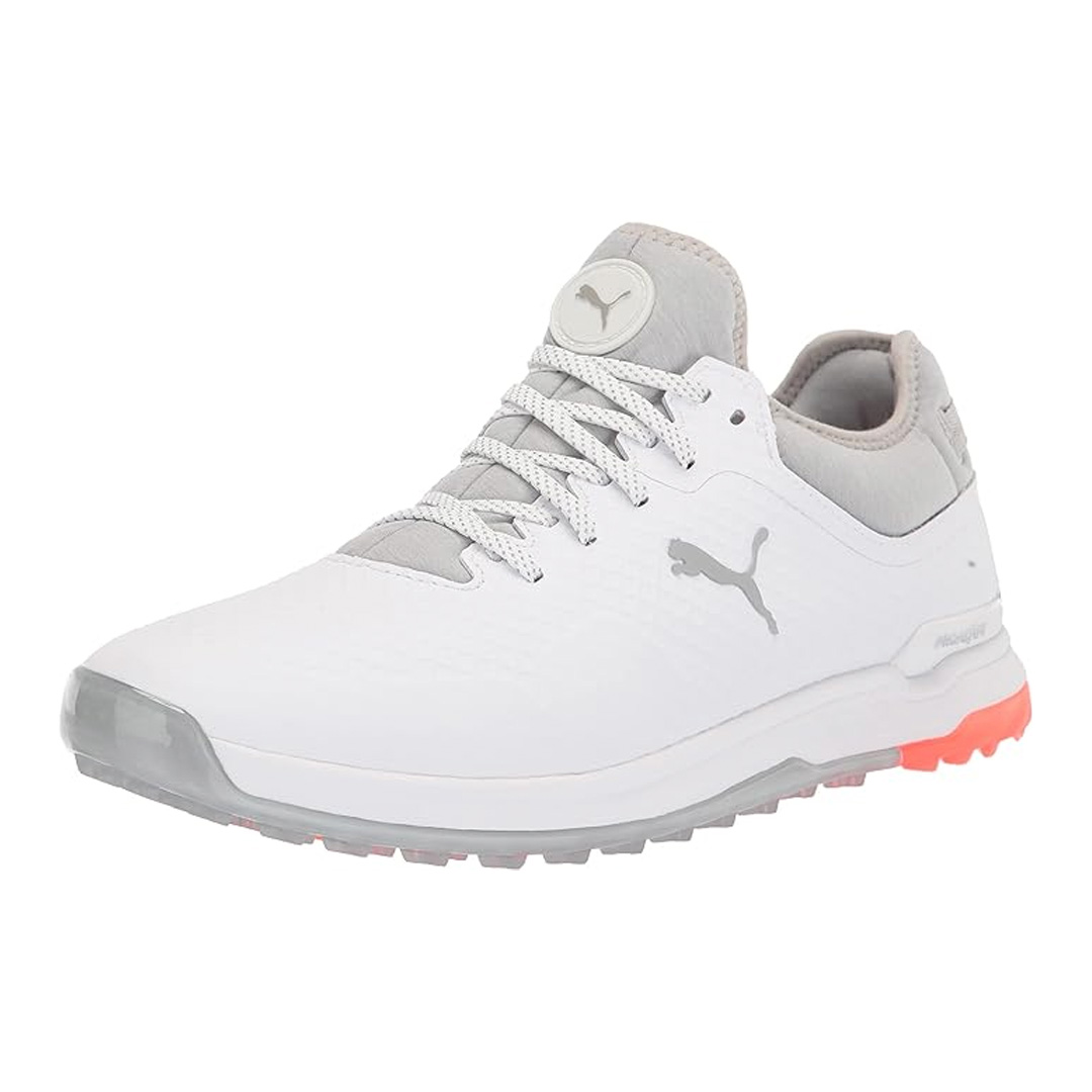 The Puma Proadapt Alphacat Golf Shoes in Puma White/High-Rise are on sale right now at Amazon