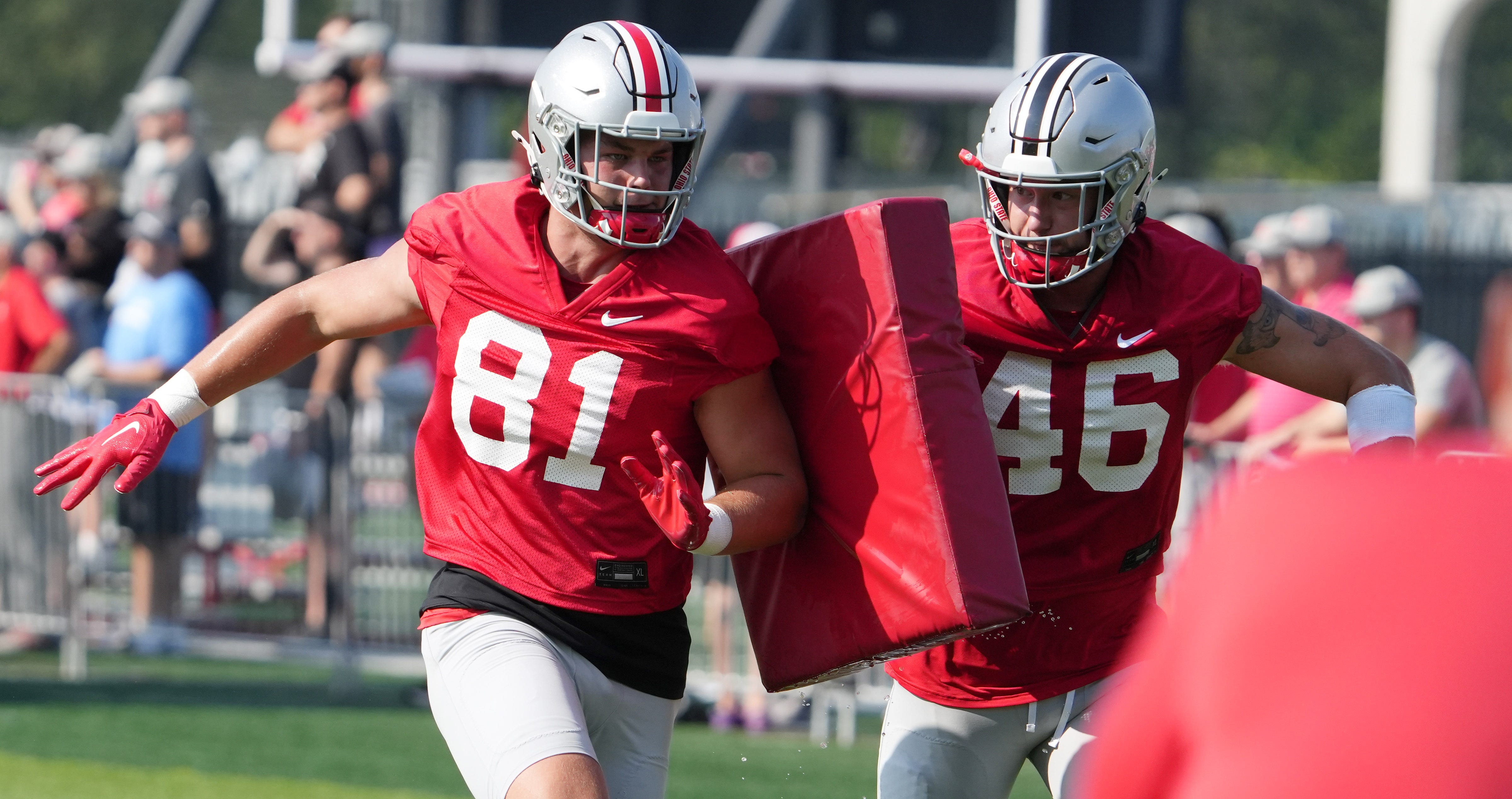 am Hart (81) and Jace Middleton (46) compete during the first football practice of the 2023 season at the Woody Hayes Athletic Center