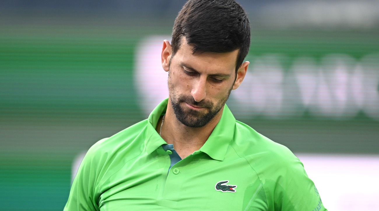 Mar 9, 2024; Indian Wells, CA, USA; Novak Djokovic (SRB) reacts to losing a point in his second round match against Aleksandar Vukic (AUS) during the BNP Paribas Open at Indian Wells Tennis Garden.