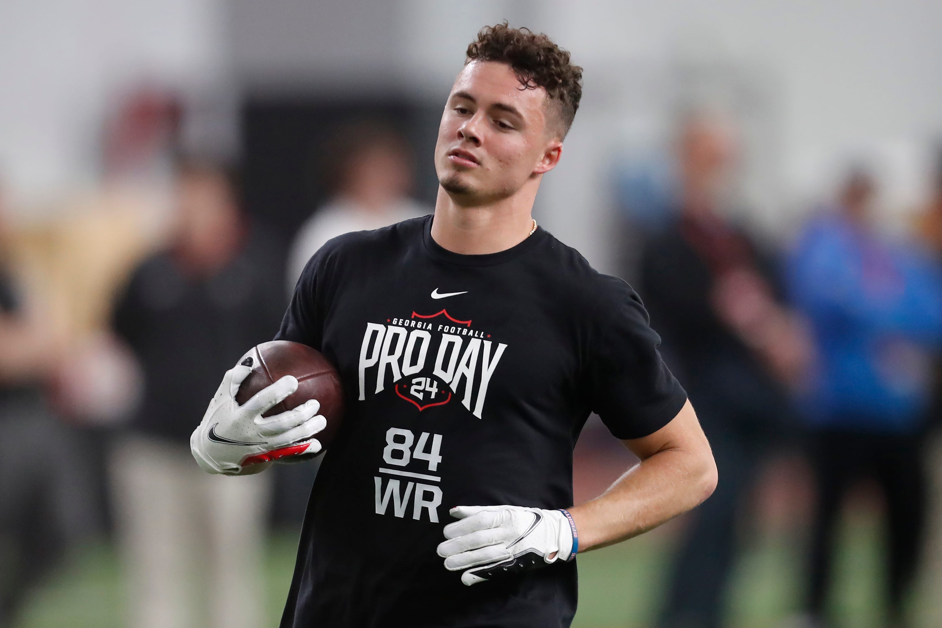 Georgia wide receiver Ladd McConkey (84) runs a drill during Georgia football's Pro Day in Athens, Ga., on Wednesday, March 13, 2024.