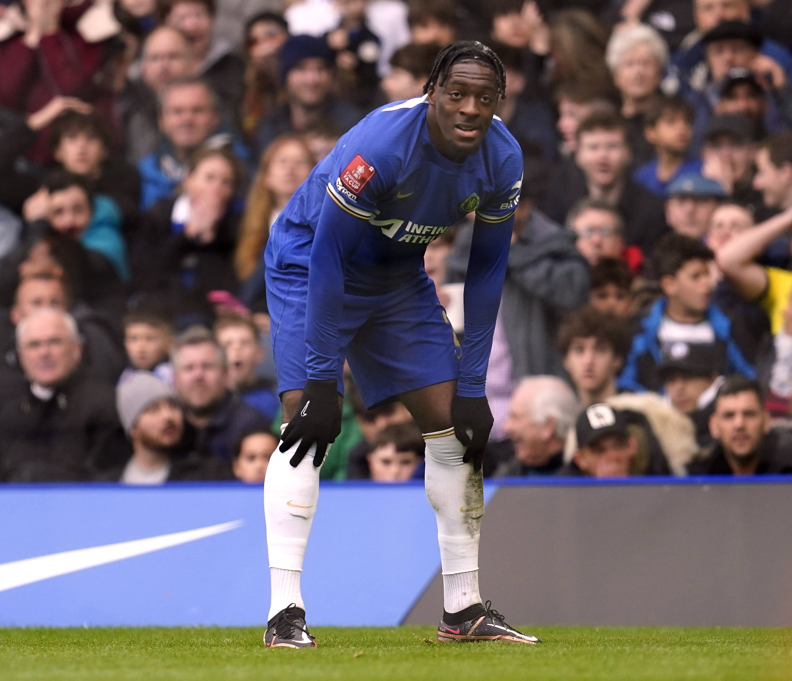 Chelsea defender Axel Disasi pictured moments after he scored an own goal against Leicester City in an FA Cup quarter-final in March 2024