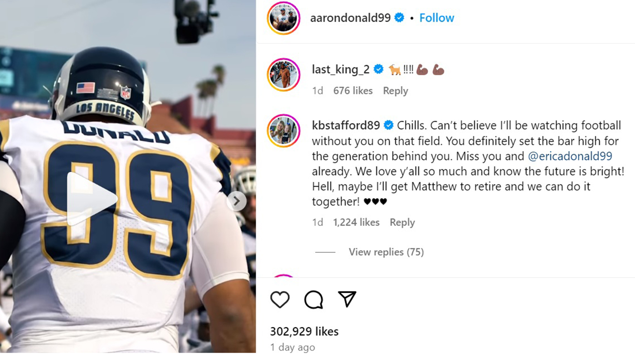 An Instagram post by Aaron Donald, featuring a comment by Kelly Stafford.