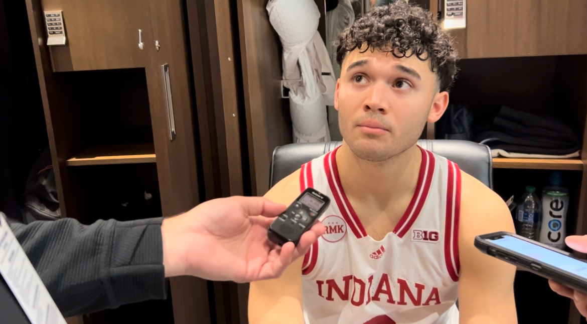 Indiana's Anthony Leal answers questions from the media in the Hoosiers' locker room after beating Penn State in the Big Ten Tournament.