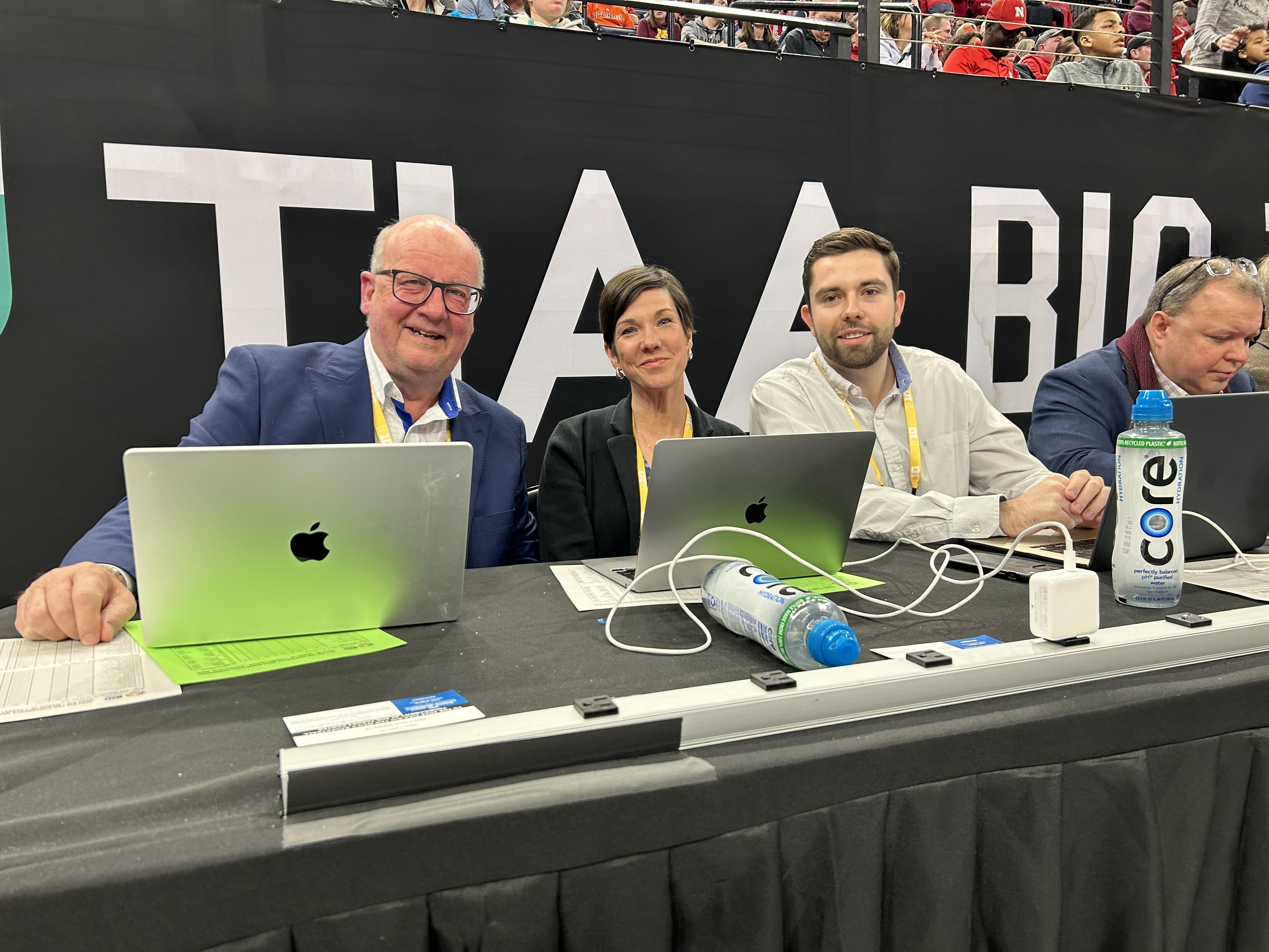 The HoosiersNow.com team on press row at the Big Ten Tournament, publisher Tom Brew (left), marketing and social media director Becky Rigel and basketball reporter Jack Ankony