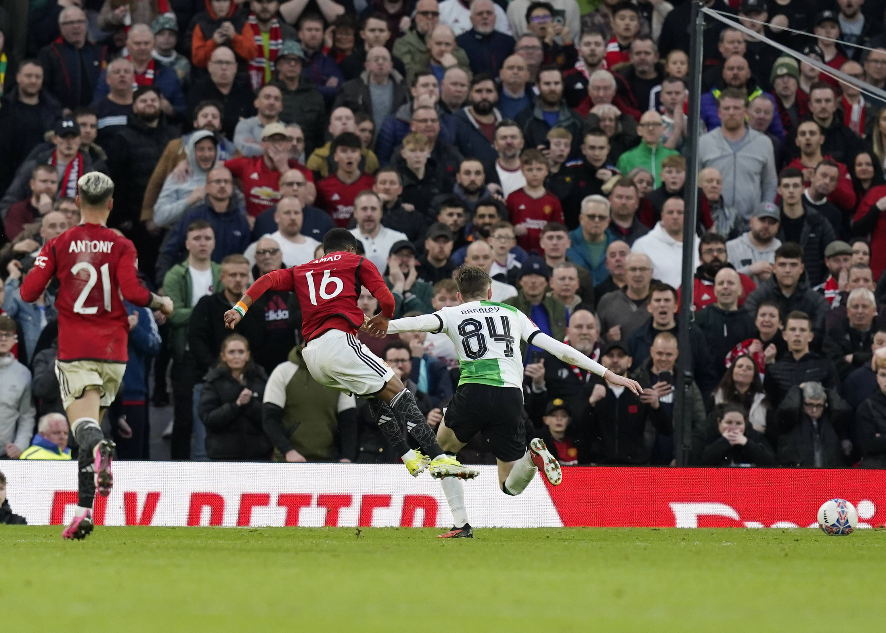 Amad Diallo pictured (no.16) scoring for Manchester United in a 4-3 win over Liverpool in the quarter-finals of the FA Cup in March 2024