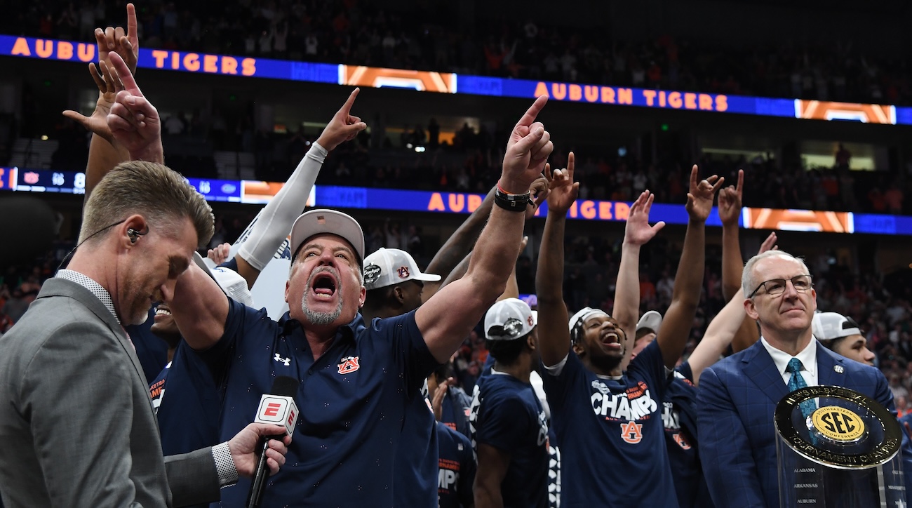 Auburn Tigers head coach Bruce Pearl celebrates after defeating the Florida Gators in the SEC Tournament championship game at Bridgestone Arena in Nashville, Tenn., on March 17, 2024.