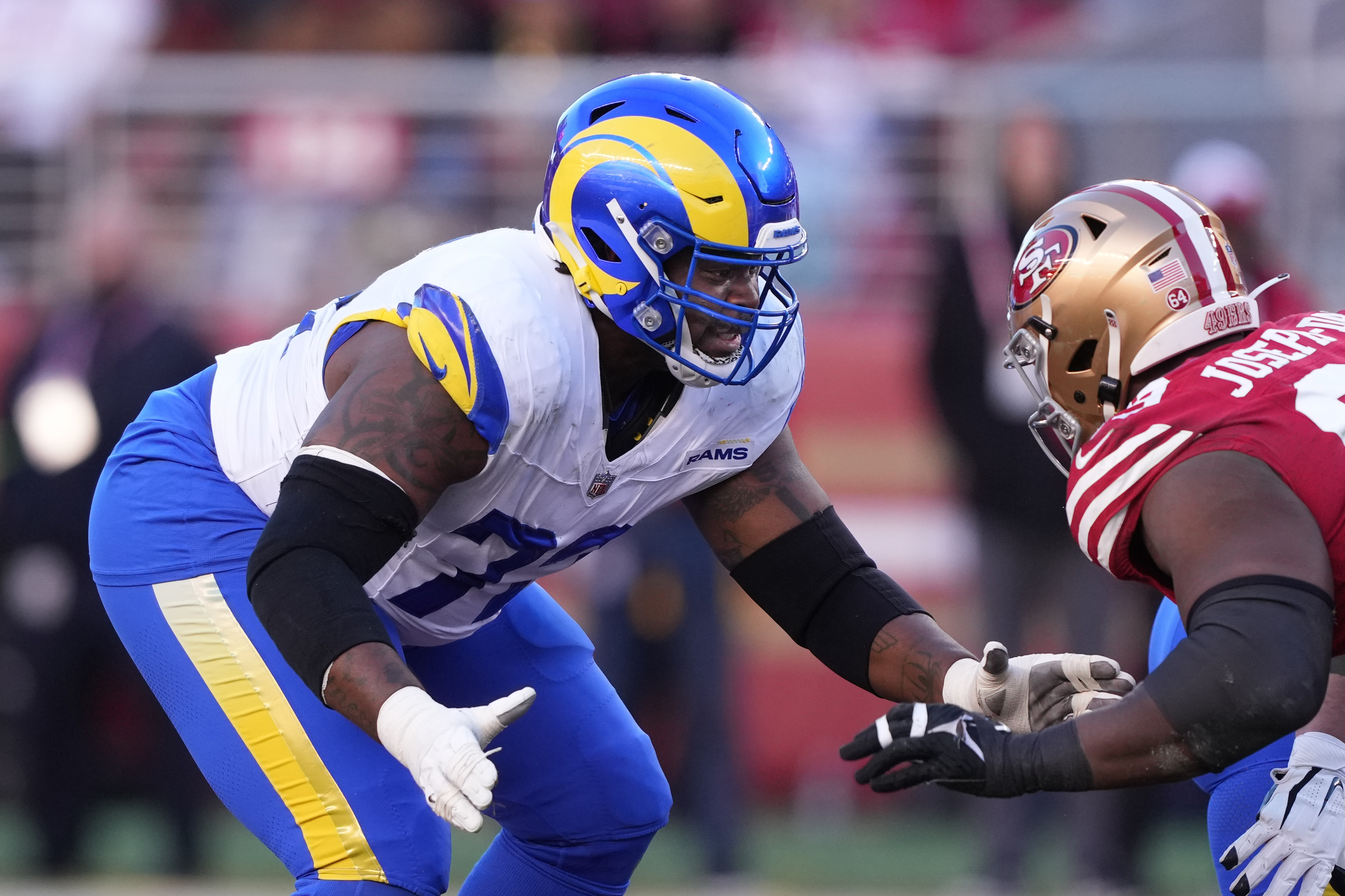Anchrum saw extended snaps in two games against the 49ers last season, giving up two pressures and a sack on 52 pass blocking reps for the Rams.