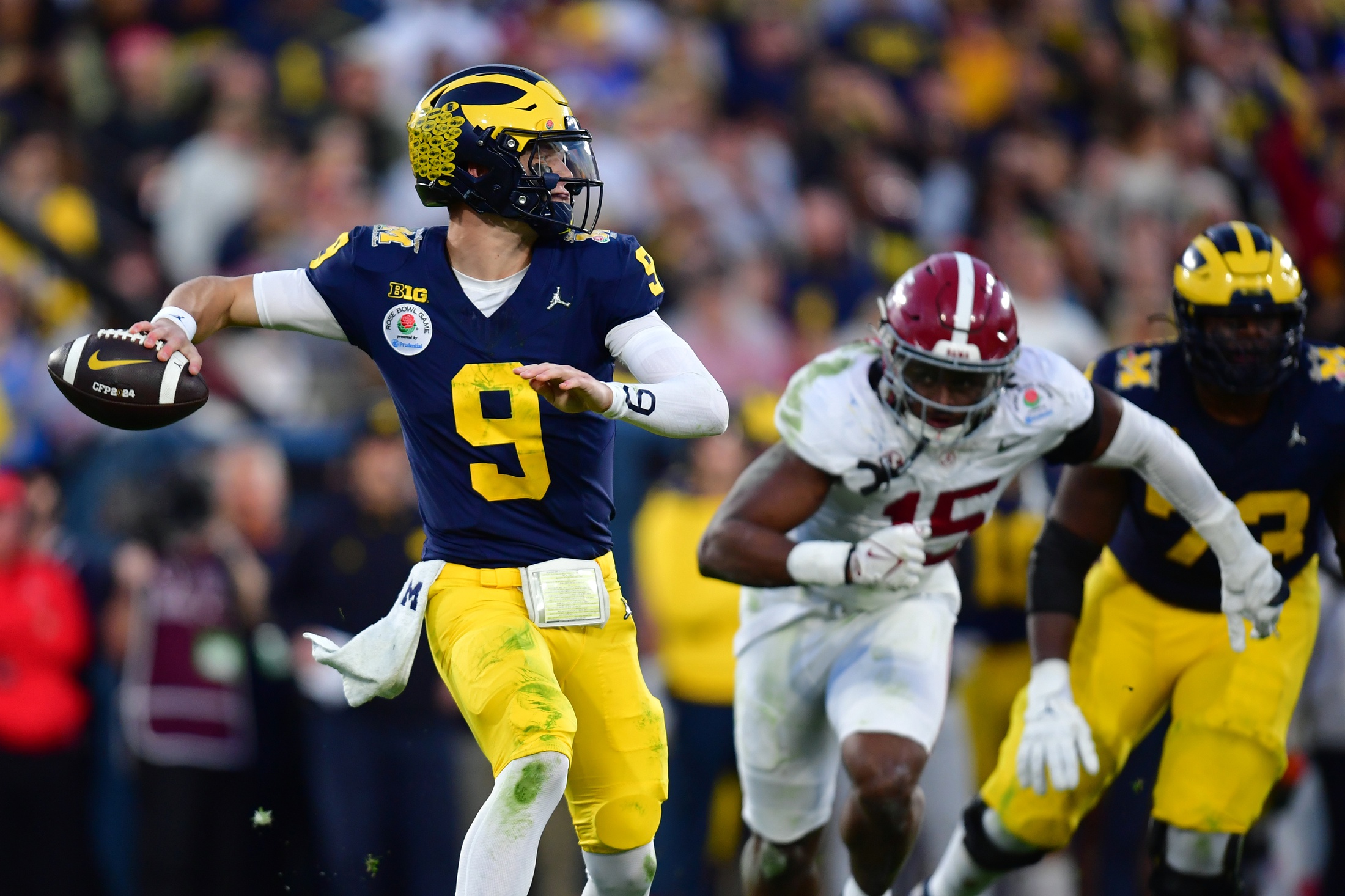 Jan 1, 2024; Pasadena, CA, USA; Michigan Wolverines quarterback J.J. McCarthy (9) throws a pass in the fourth quarter against the Alabama Crimson Tide in the 2024 Rose Bowl college football playoff semifinal game at Rose Bowl.