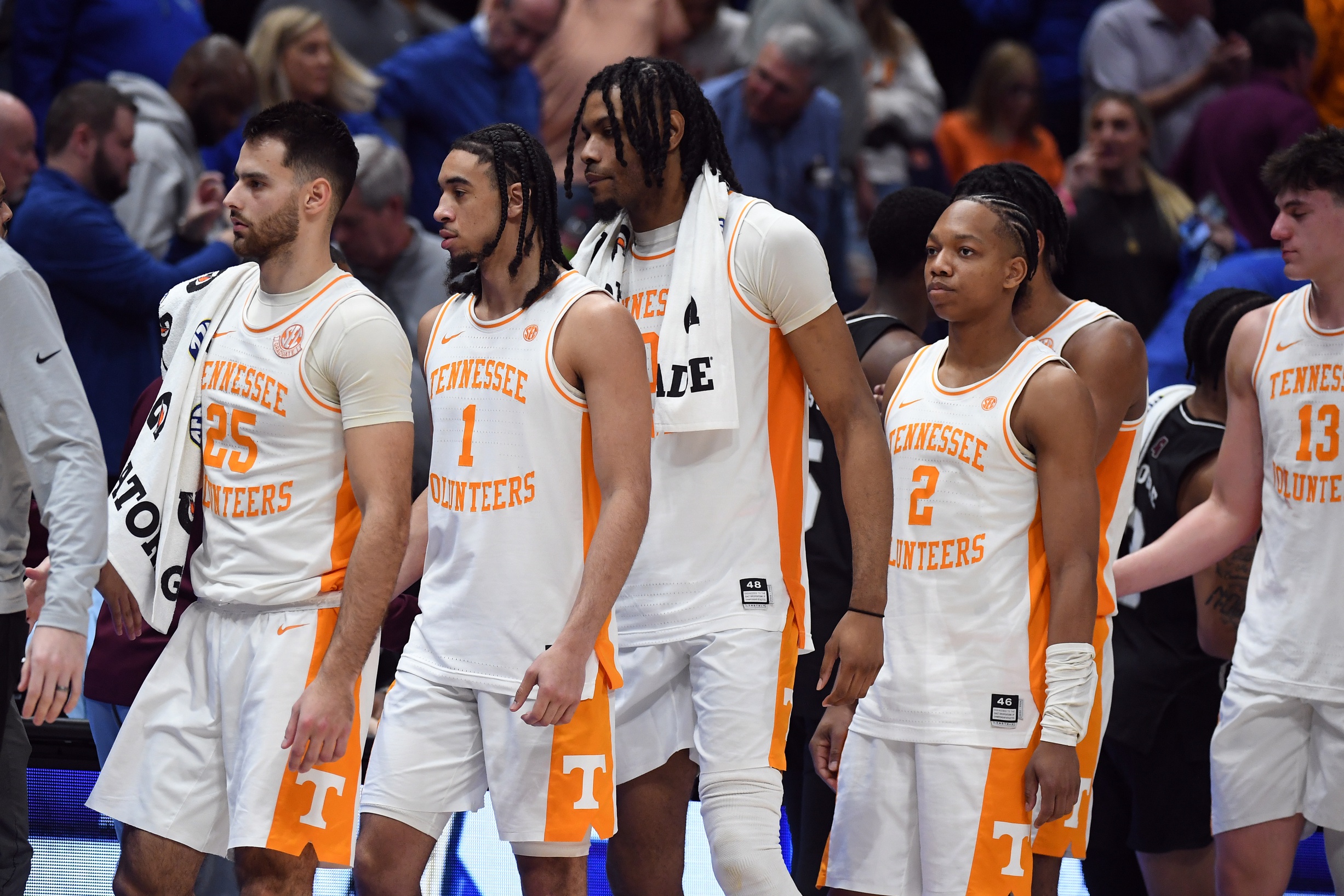 Mar 15, 2024; Nashville, TN, USA; Tennessee Volunteers players walk the handshake line after a loss against the Mississippi State Bulldogs at Bridgestone Arena.