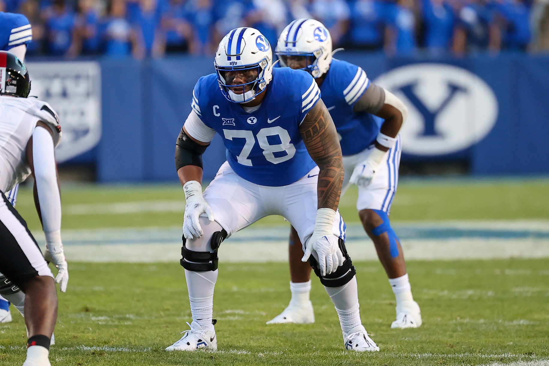 Oct 21, 2023; Provo, Utah, USA; Brigham Young Cougars offensive lineman Kingsley Suamataia (78) prepares to block against the Texas Tech Red Raiders in the first half at LaVell Edwards Stadium.