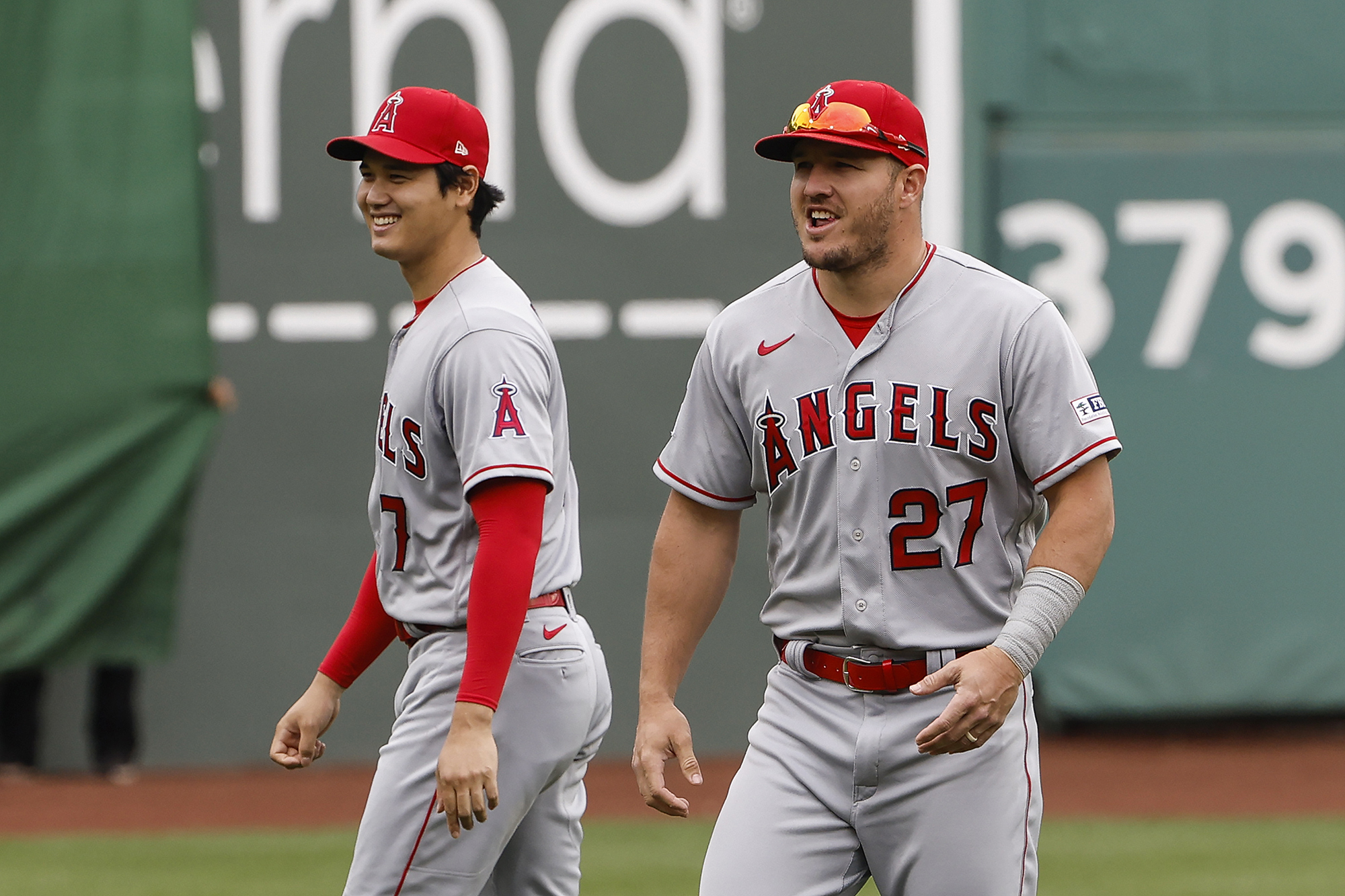 BOSTON, MA - APRIL 16: Shohei Ohtani #17 of the Los Angeles Angels and Mike Trout #27 before their game against the Boston Red Sox at Fenway Park on April 16, 2023 in Boston, Massachusetts. (Photo By Winslow Townson/Getty Images) 