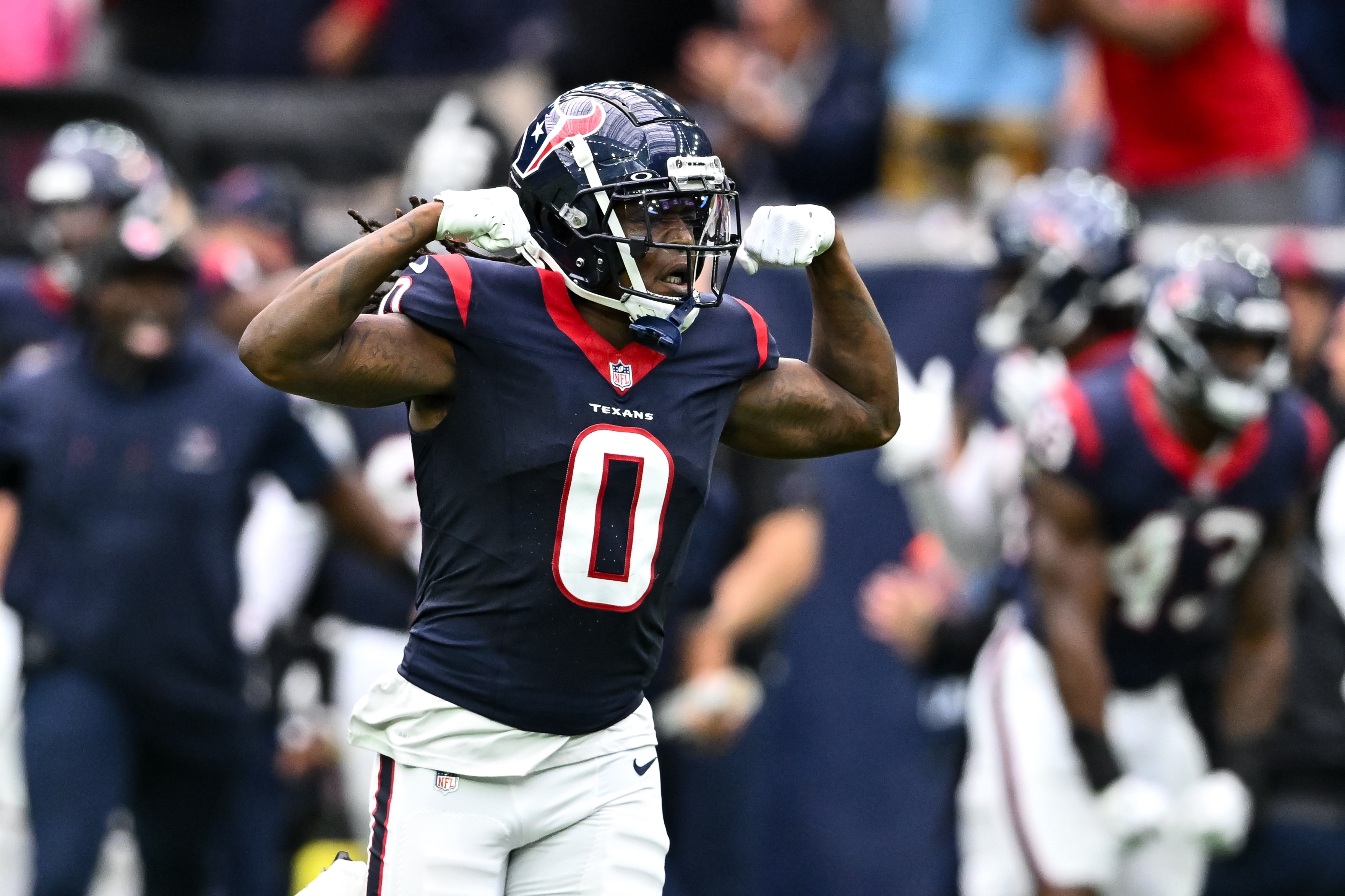 Oct 15, 2023; Houston, Texas, USA; Houston Texans cornerback Shaquill Griffin (0) reacts during the fourth quarter against the New Orleans Saints at NRG Stadium.
