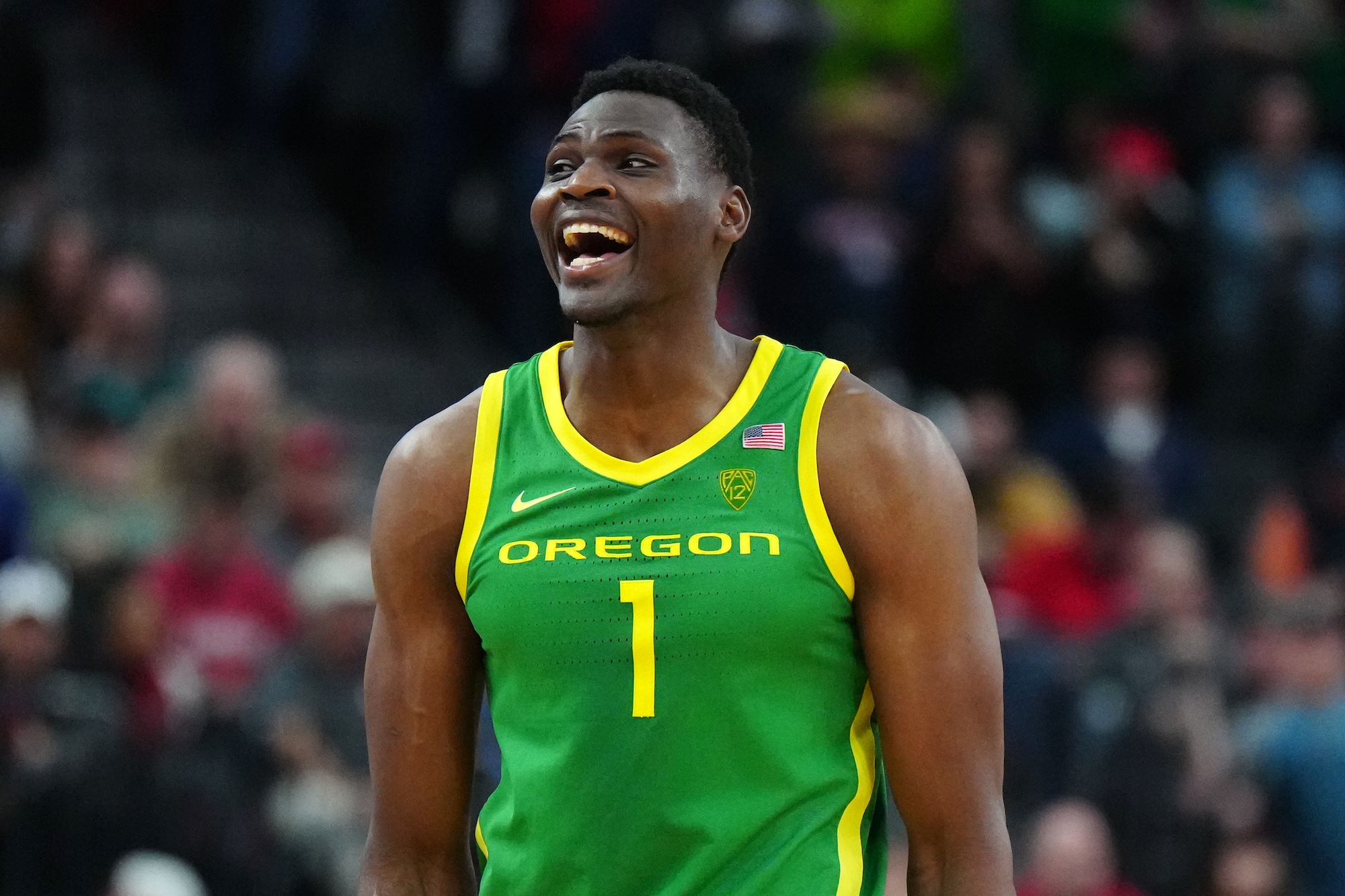 Oregon Ducks center N'Faly Dante (1) celebrates against the Arizona Wildcats in the second half at T-Mobile Arena in Las Vegas on March 15, 2024.