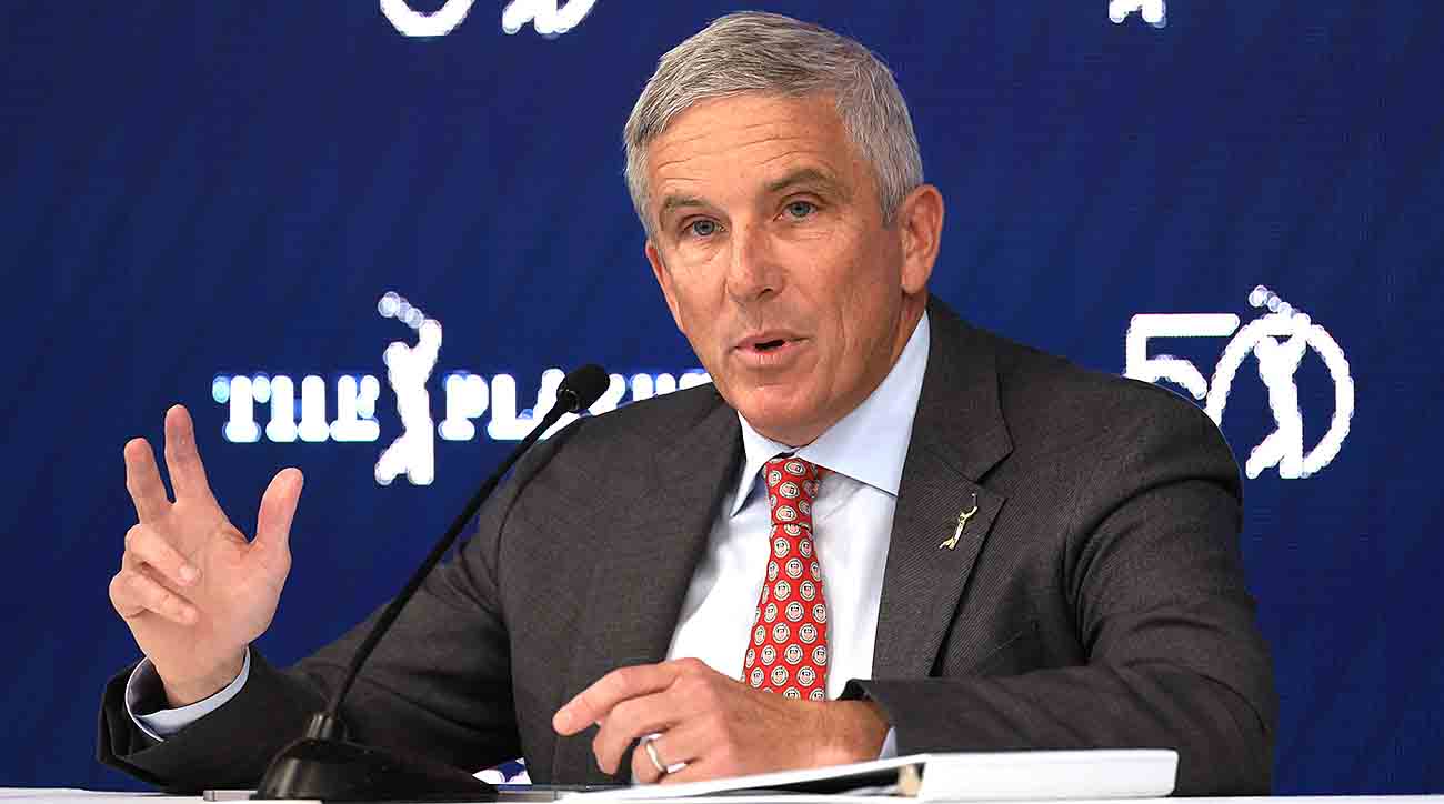 Jay Monahan, the commissioner of the PGA Tour speaks to the media during his media conference prior to the 2024 Players Championship in Ponte Vedra Beach, Fla.