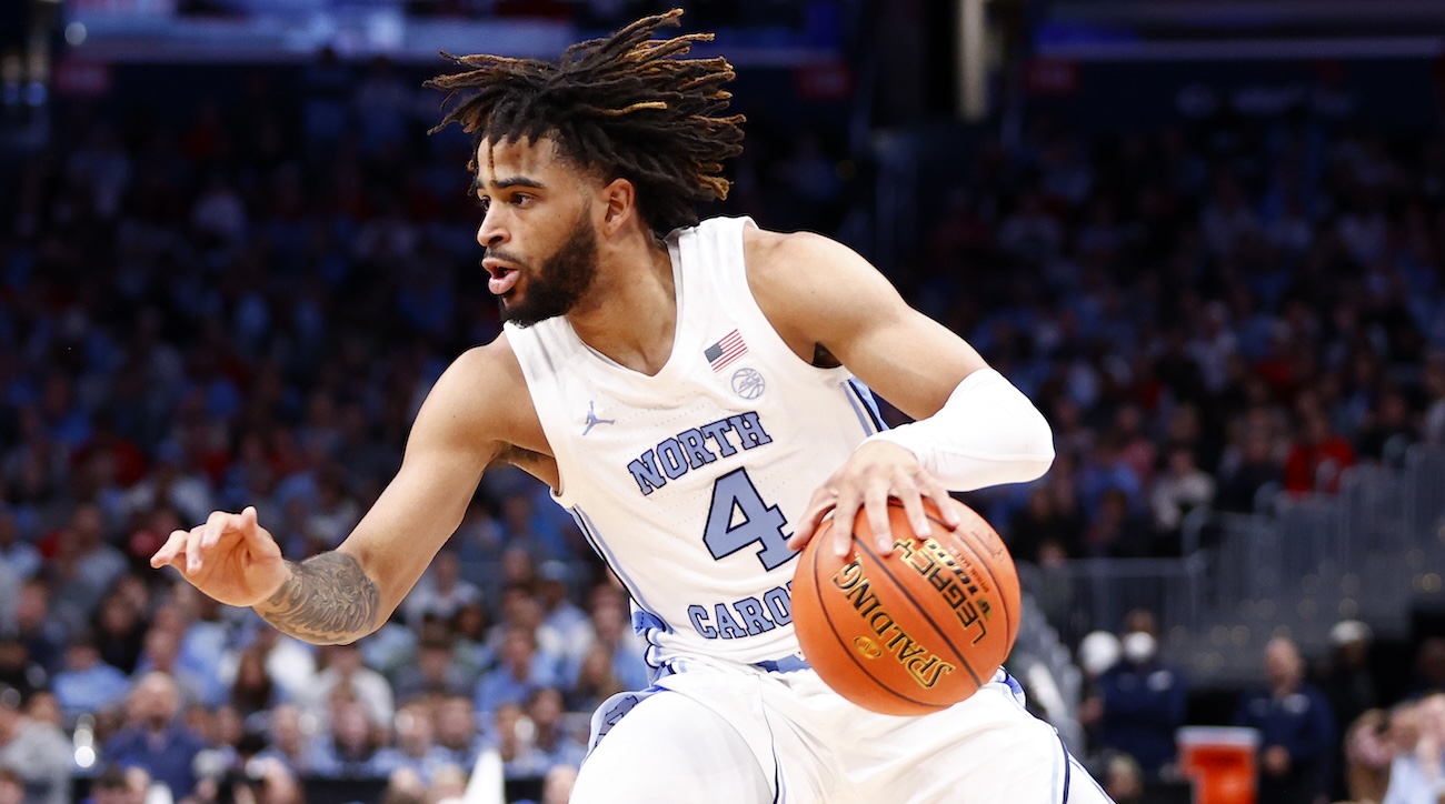 North Carolina Tar Heels guard RJ Davis (4) dribbles the ball against the North Carolina State Wolfpack during the first half at Capital One Arena in Washington, D.C., on March 16, 2024.