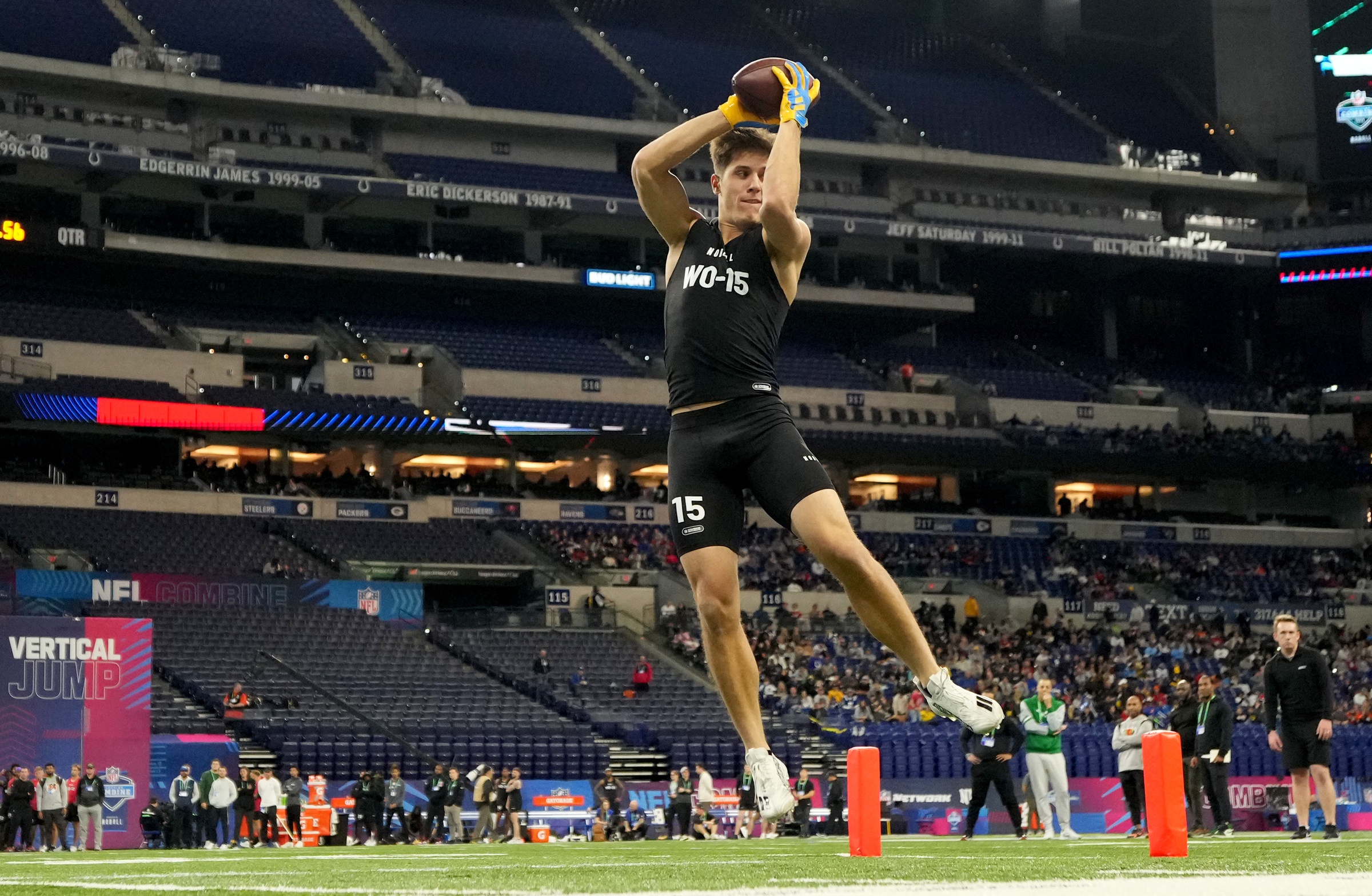 Rice wide receiver Luke McCaffrey (WO15) during the 2024 NFL Combine at Lucas Oil Stadium. Mandatory Credit: Kirby Lee-USA TODAY Sports