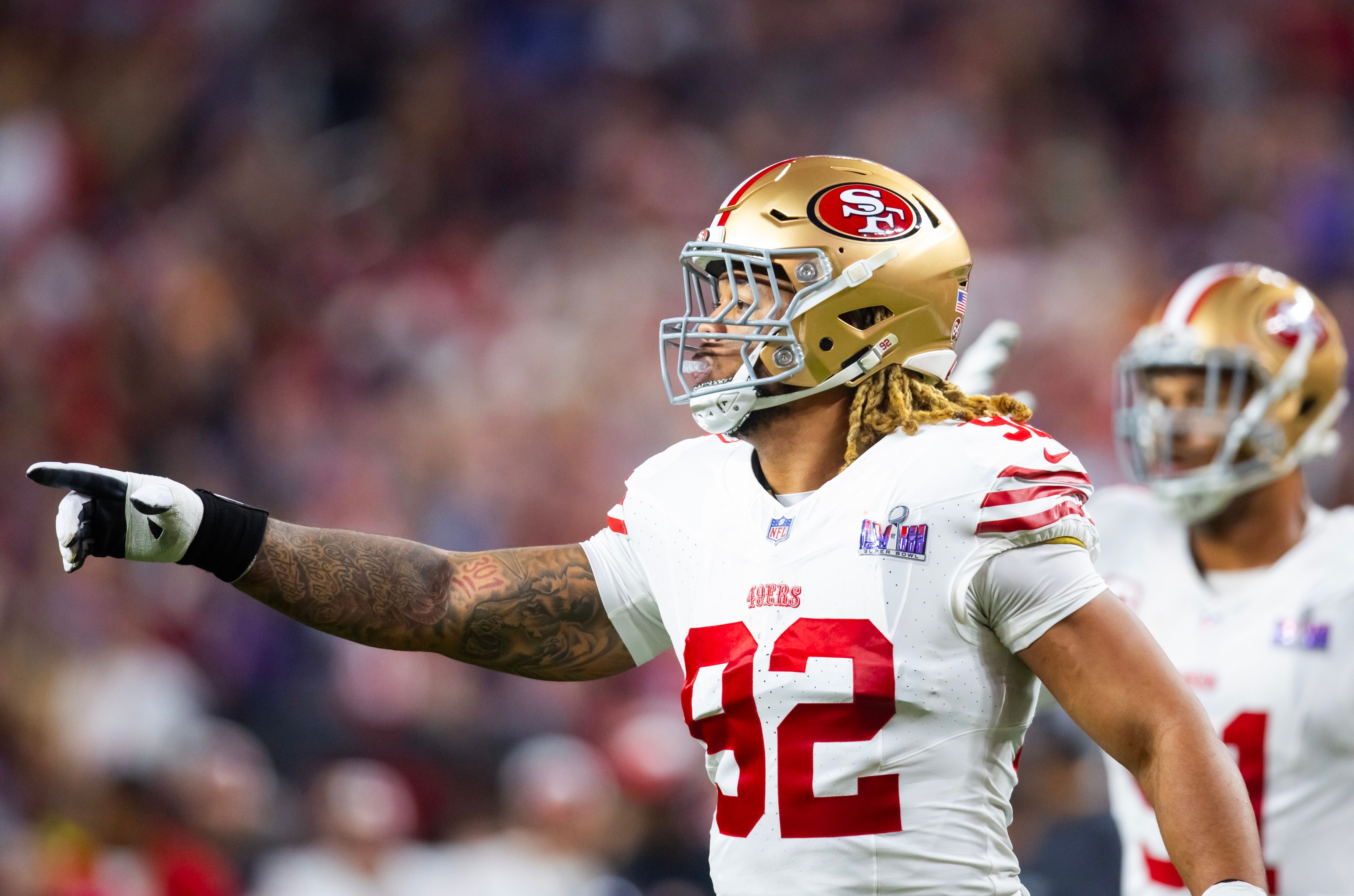 San Francisco 49ers defensive end Chase Young (92) reacts against the Kansas City Chiefs.