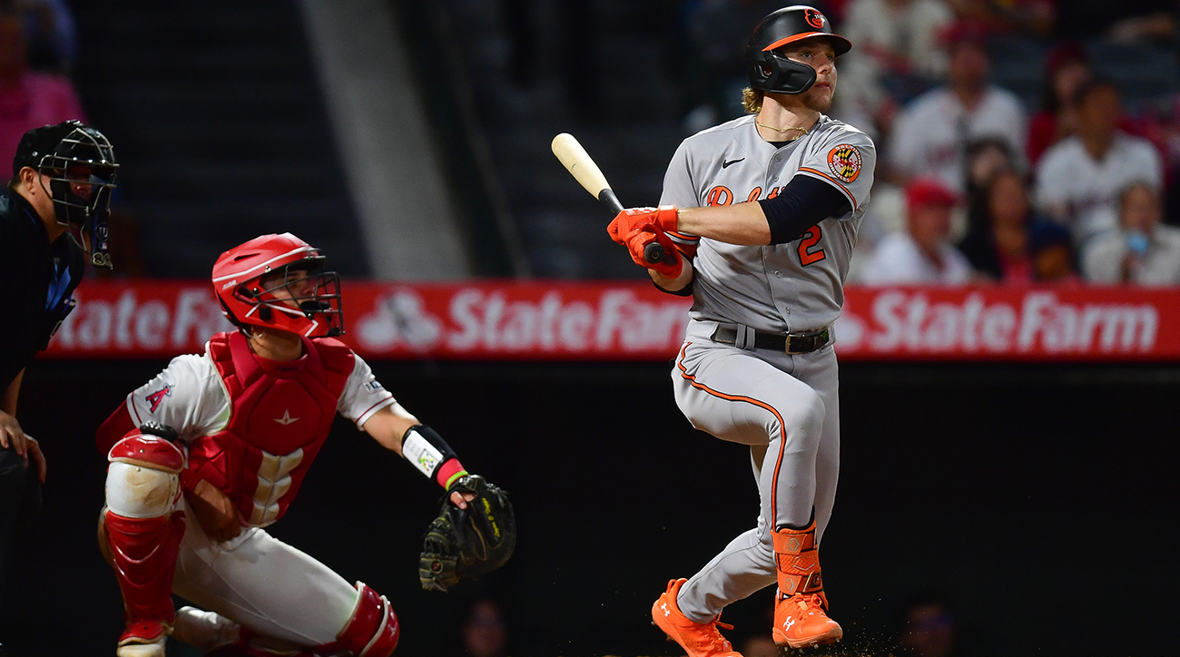 Orioles' Gunnar Henderson hits a double vs. the Angels.