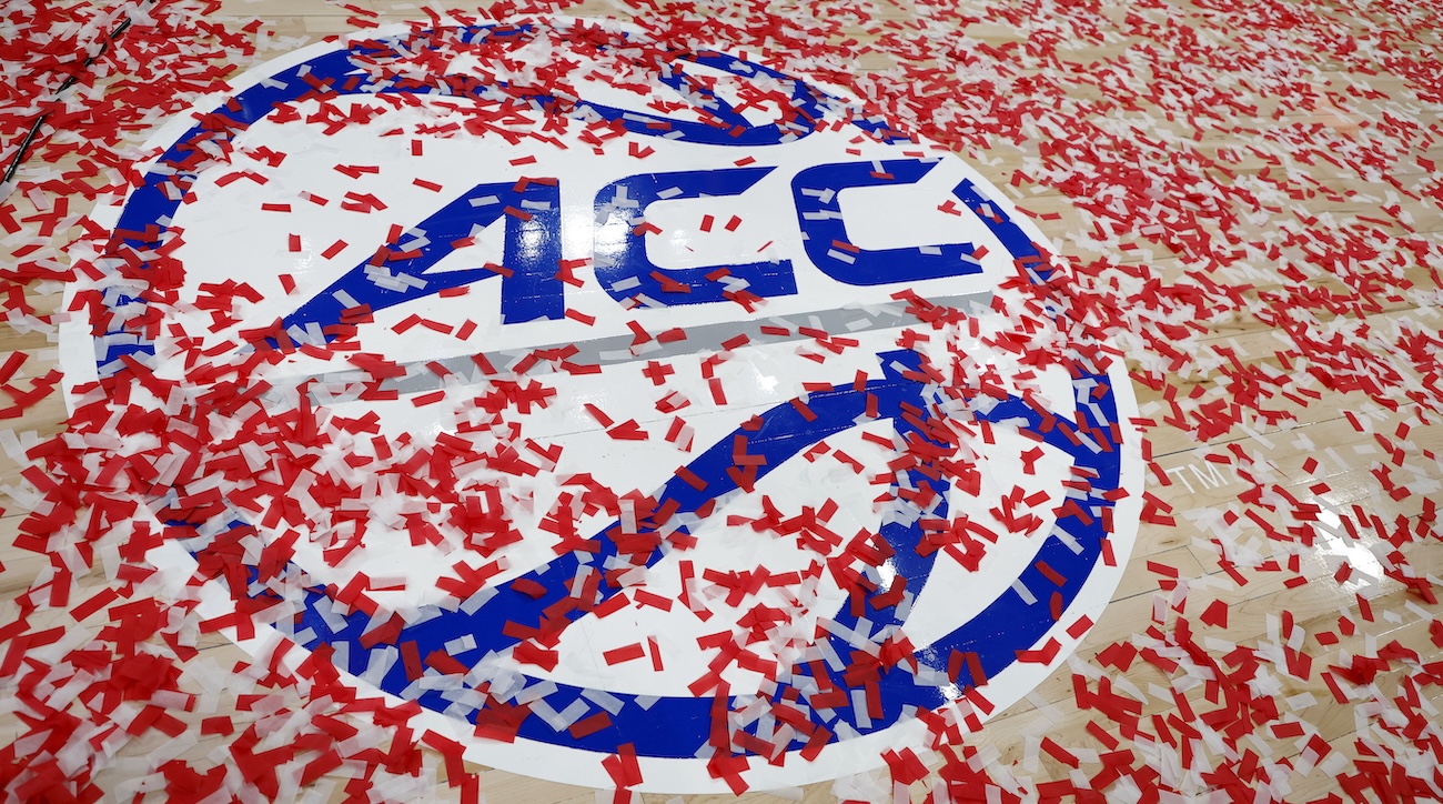 Confetti lays on the basketball floor after the North Carolina State Wolfpack defeat the North Carolina Tar Heels for the ACC Conference Championship at Capital One Arena in Washington, D.C., on March 16, 2024.