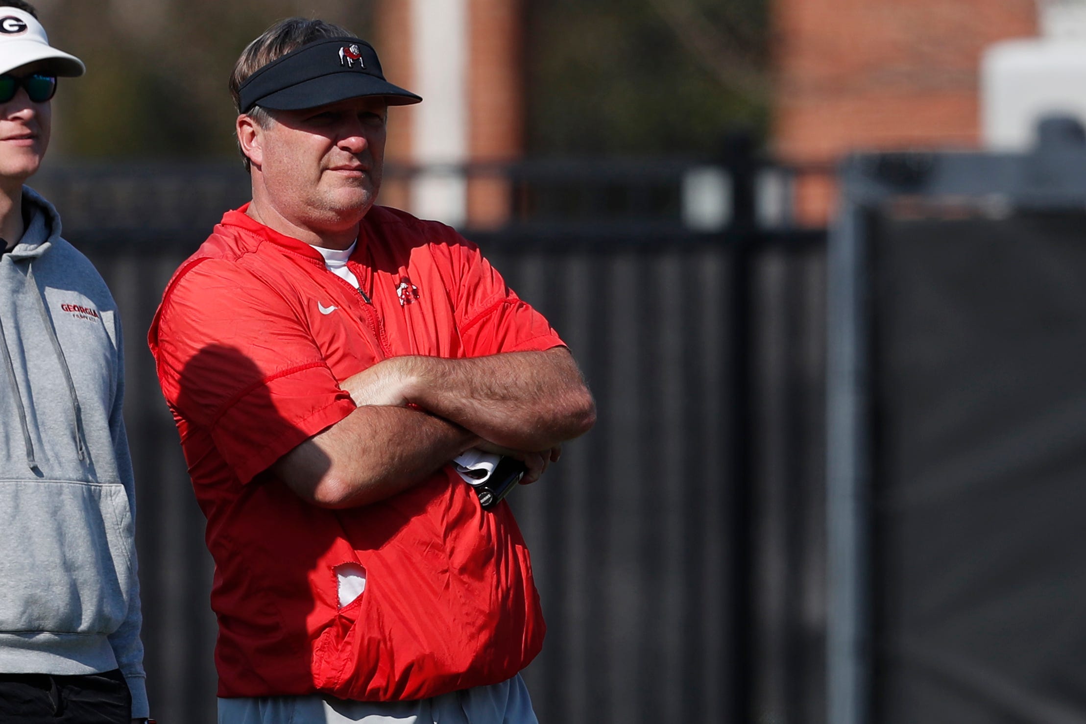 Georgia coach Kirby Smart looks on during spring practice in Athens, Ga., on Thursday, March 14, 2024.