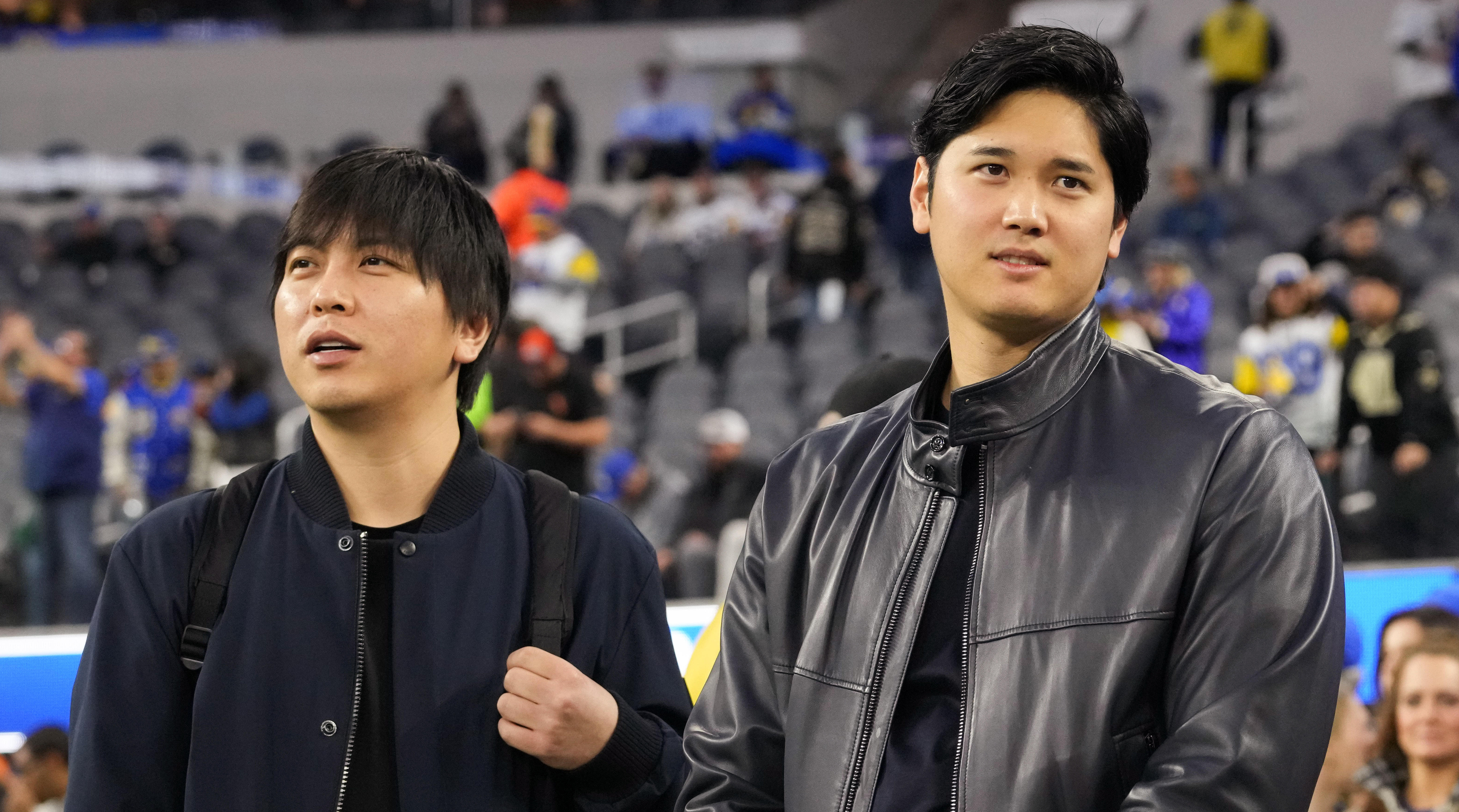 Shohei Ohtani, right, with his interpreter Ippei Mizuhara at a Los Angeles Rams game in December 2023.